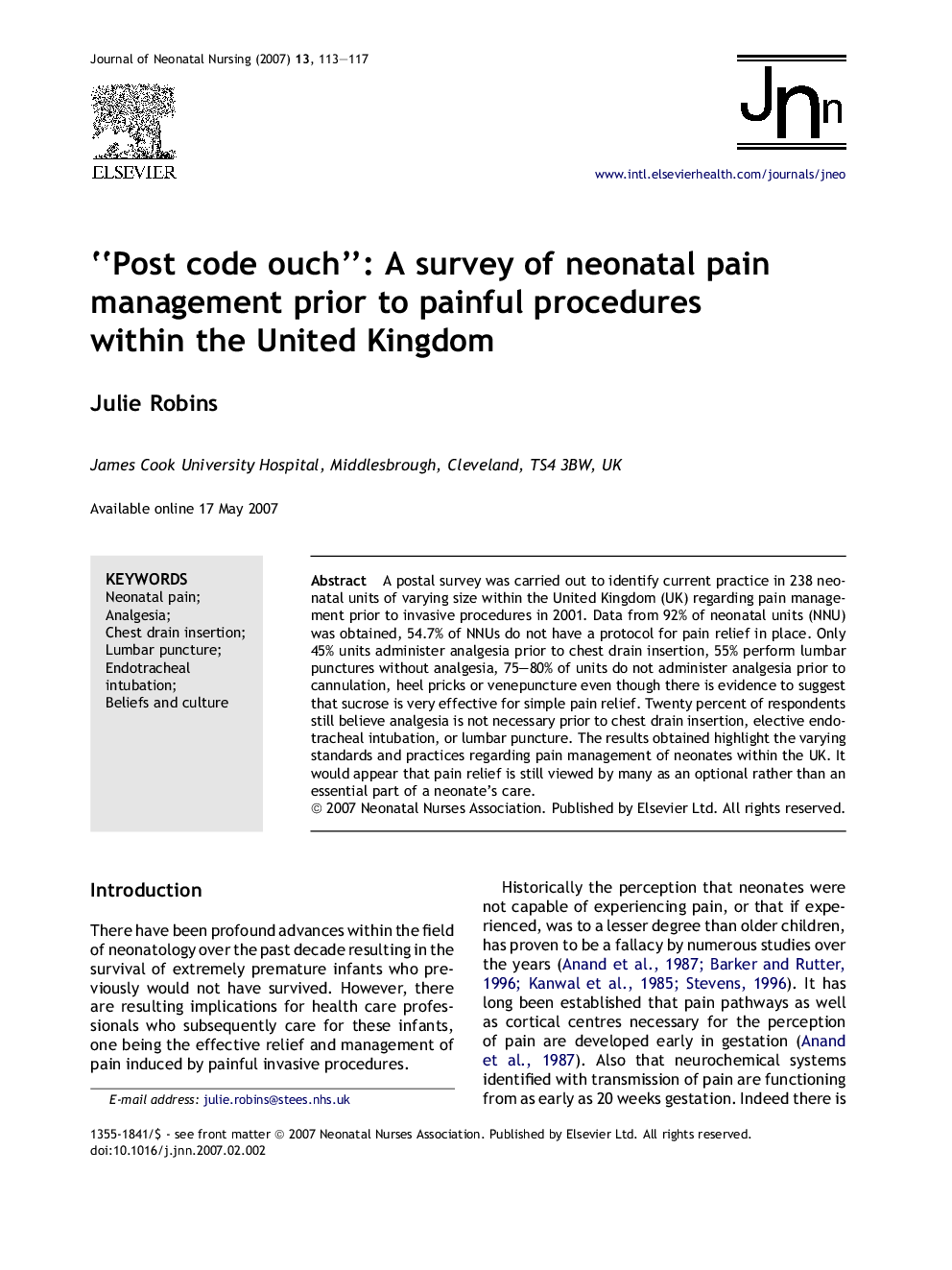 “Post code ouch”: A survey of neonatal pain management prior to painful procedures within the United Kingdom