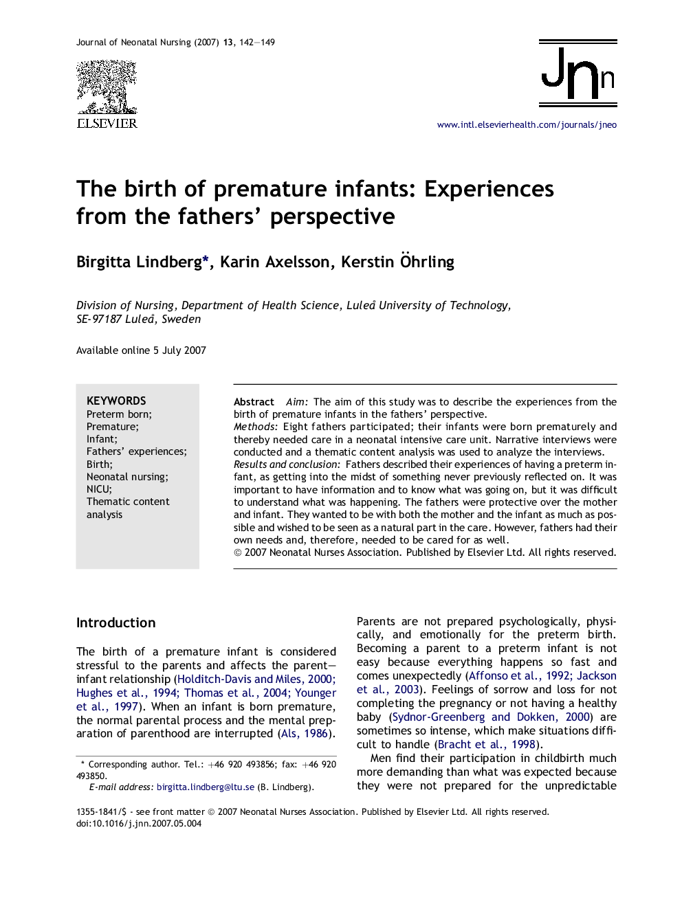 The birth of premature infants: Experiences from the fathers’ perspective