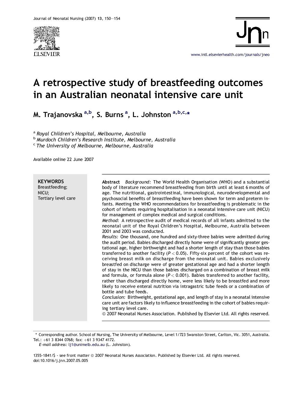 A retrospective study of breastfeeding outcomes in an Australian neonatal intensive care unit