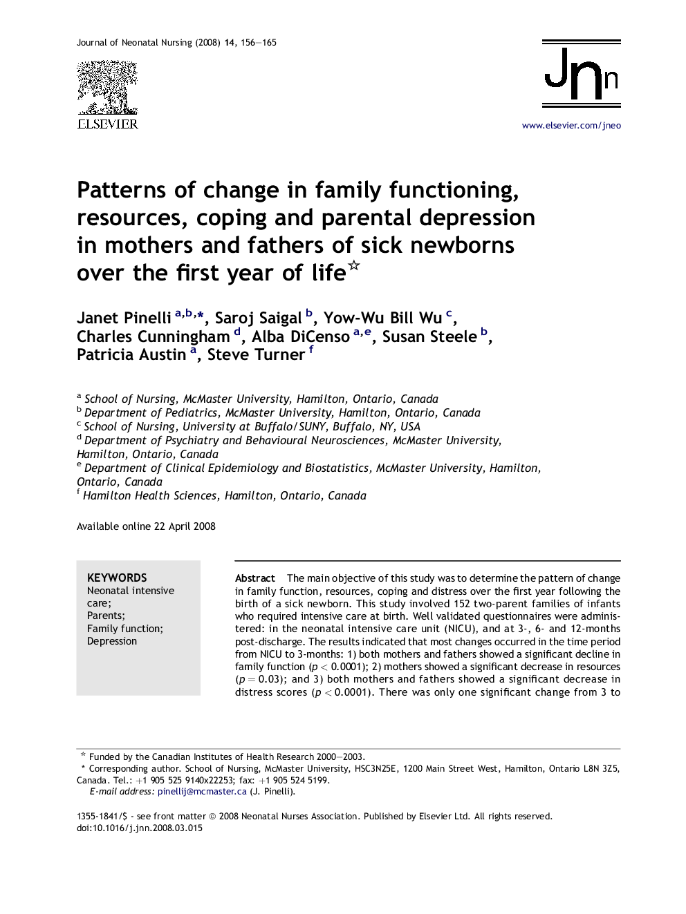 Patterns of change in family functioning, resources, coping and parental depression in mothers and fathers of sick newborns over the first year of life 