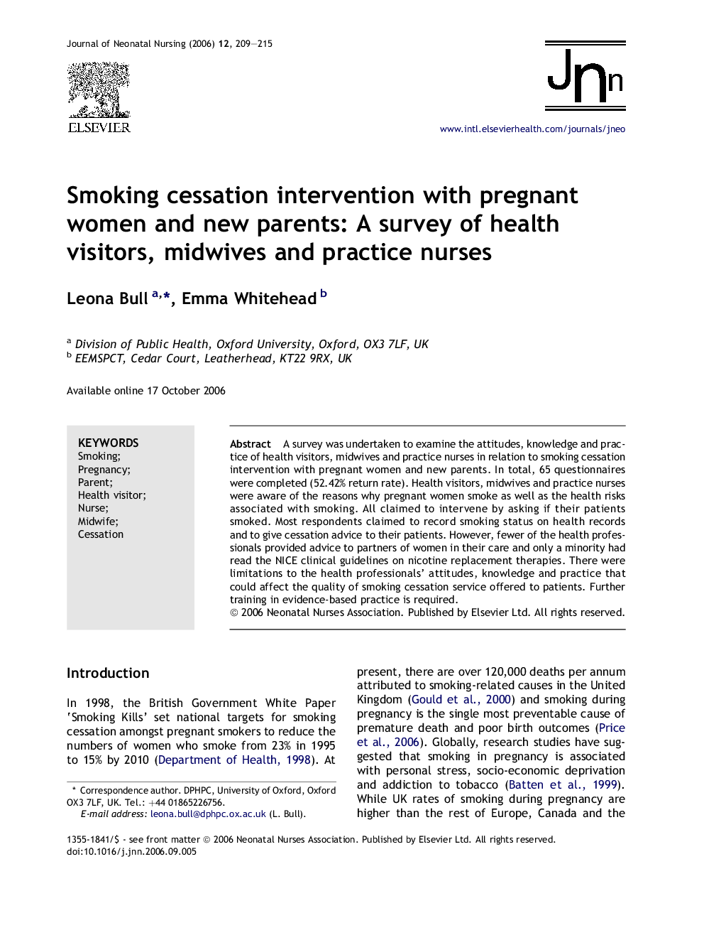 Smoking cessation intervention with pregnant women and new parents: A survey of health visitors, midwives and practice nurses