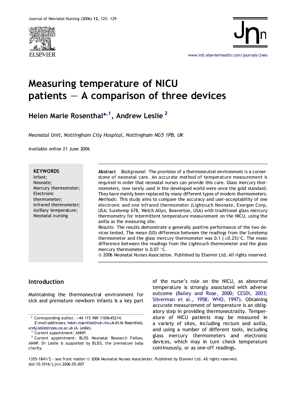 Measuring temperature of NICU patients – A comparison of three devices
