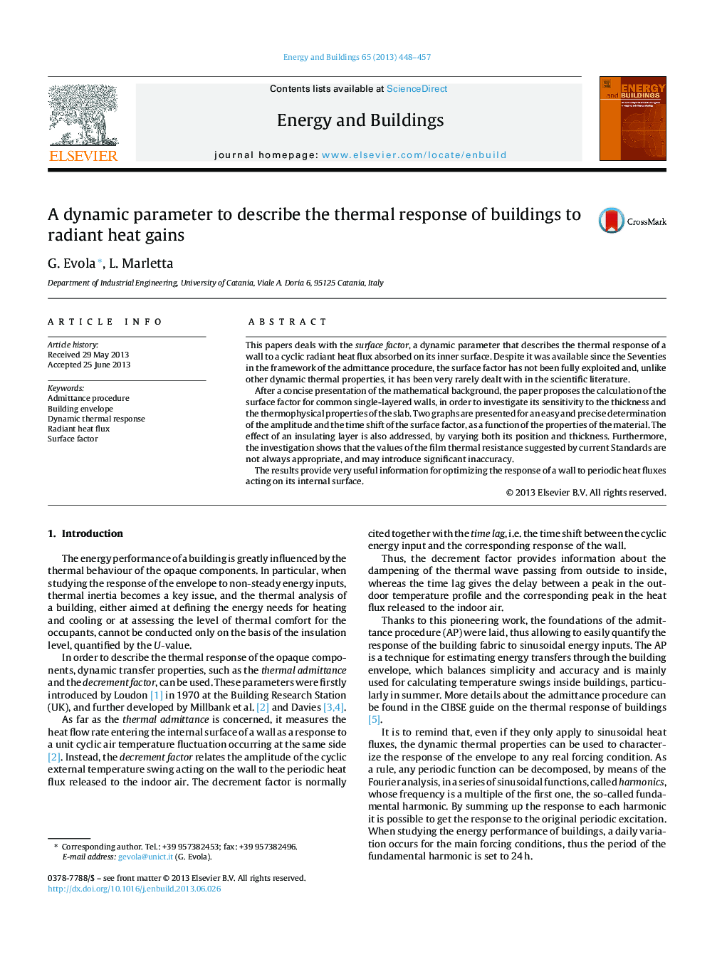 A dynamic parameter to describe the thermal response of buildings to radiant heat gains