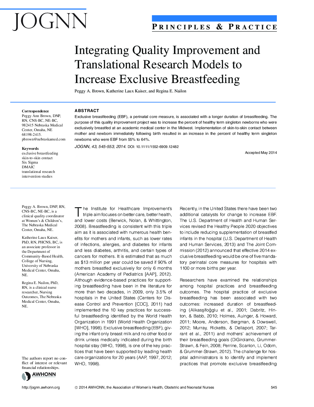 Integrating Quality Improvement and Translational Research Models to Increase Exclusive Breastfeeding