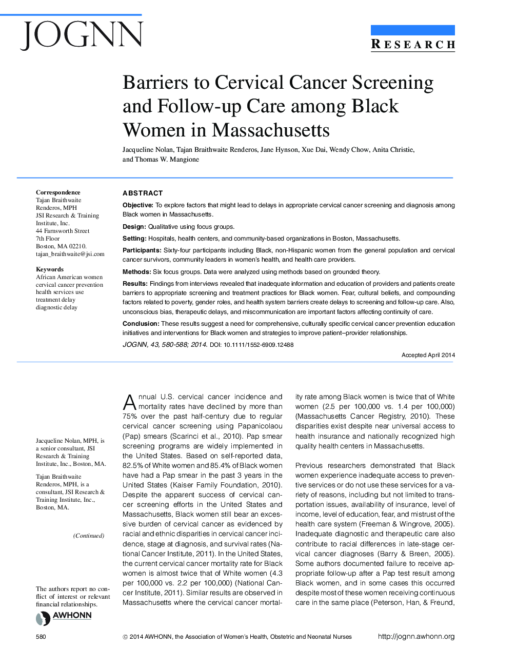 Barriers to Cervical Cancer Screening and Followâup Care among Black Women in Massachusetts