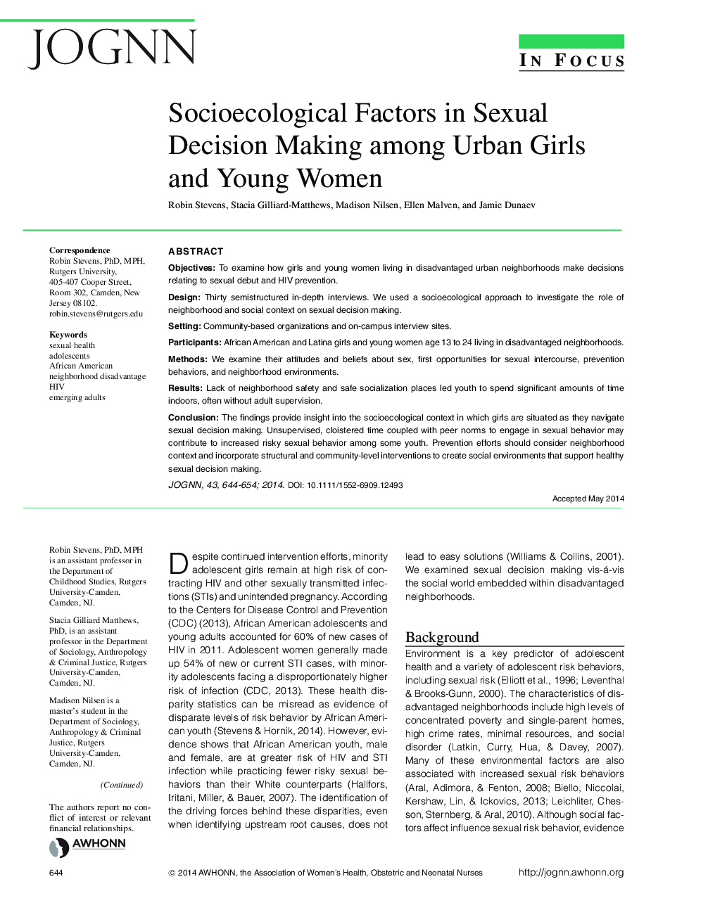 Socioecological Factors in Sexual Decision Making among Urban Girls and Young Women