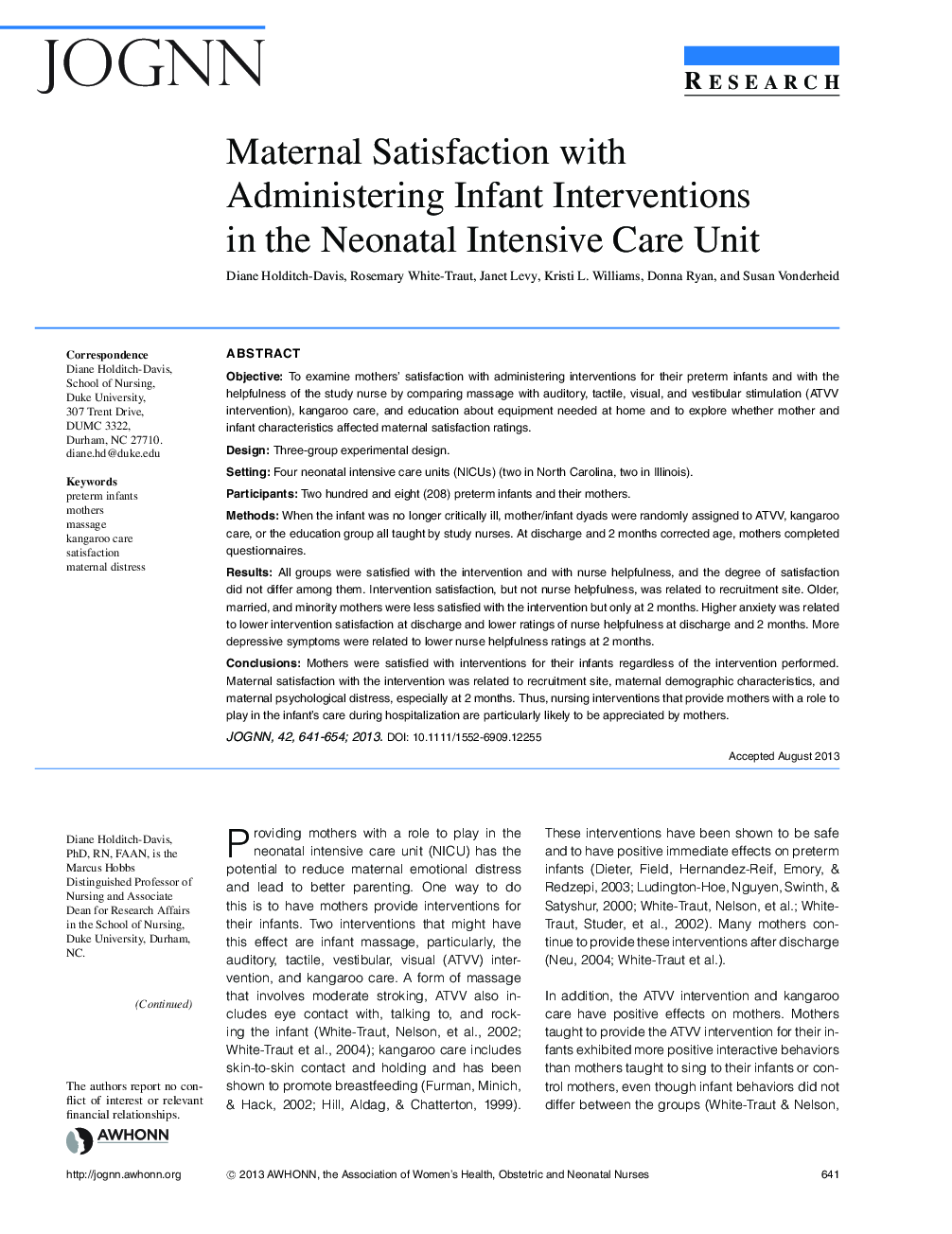 Maternal Satisfaction with Administering Infant Interventions in the Neonatal Intensive Care Unit