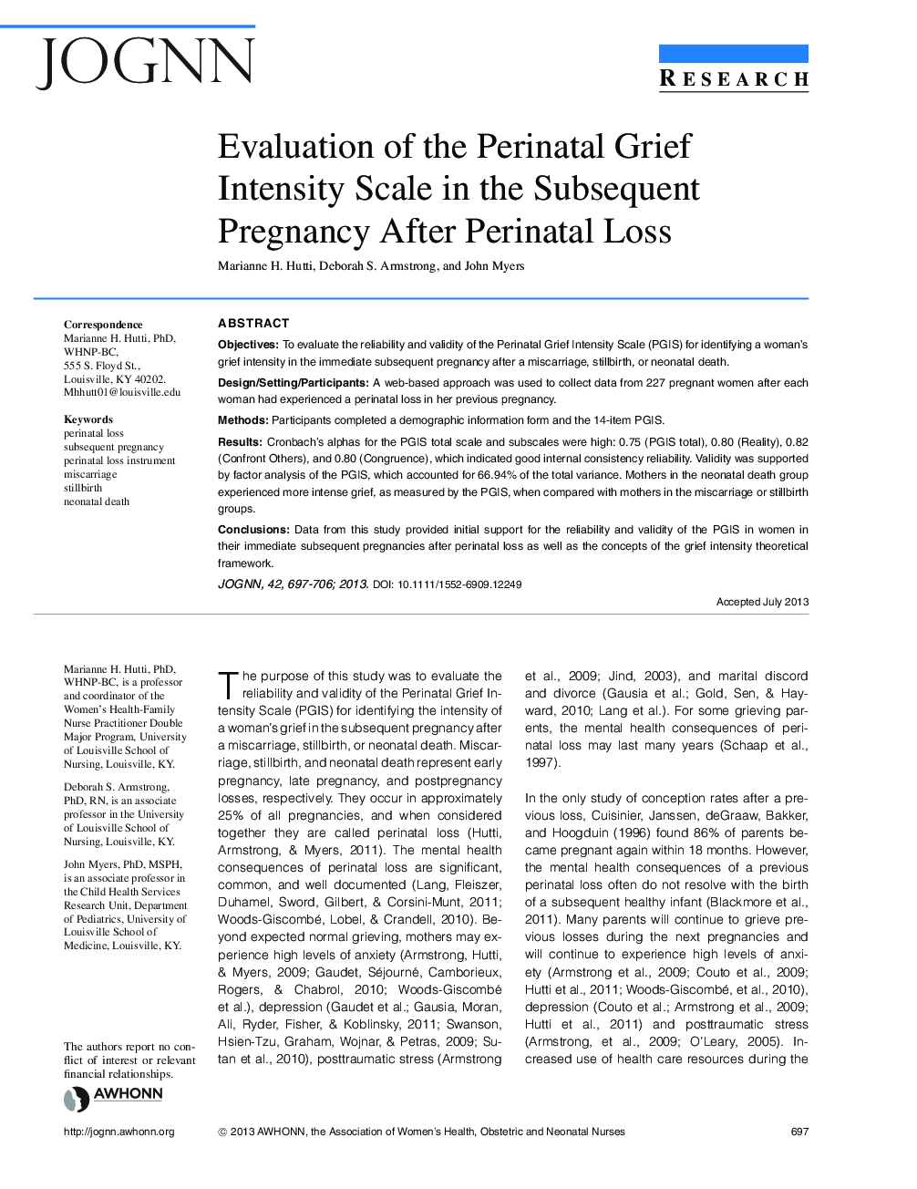 Evaluation of the Perinatal Grief Intensity Scale in the Subsequent Pregnancy After Perinatal Loss