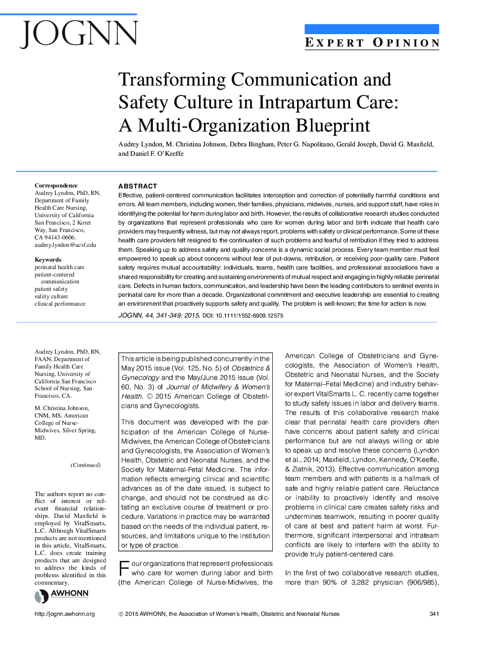 Transforming Communication and Safety Culture in Intrapartum Care: A MultiâOrganization Blueprint