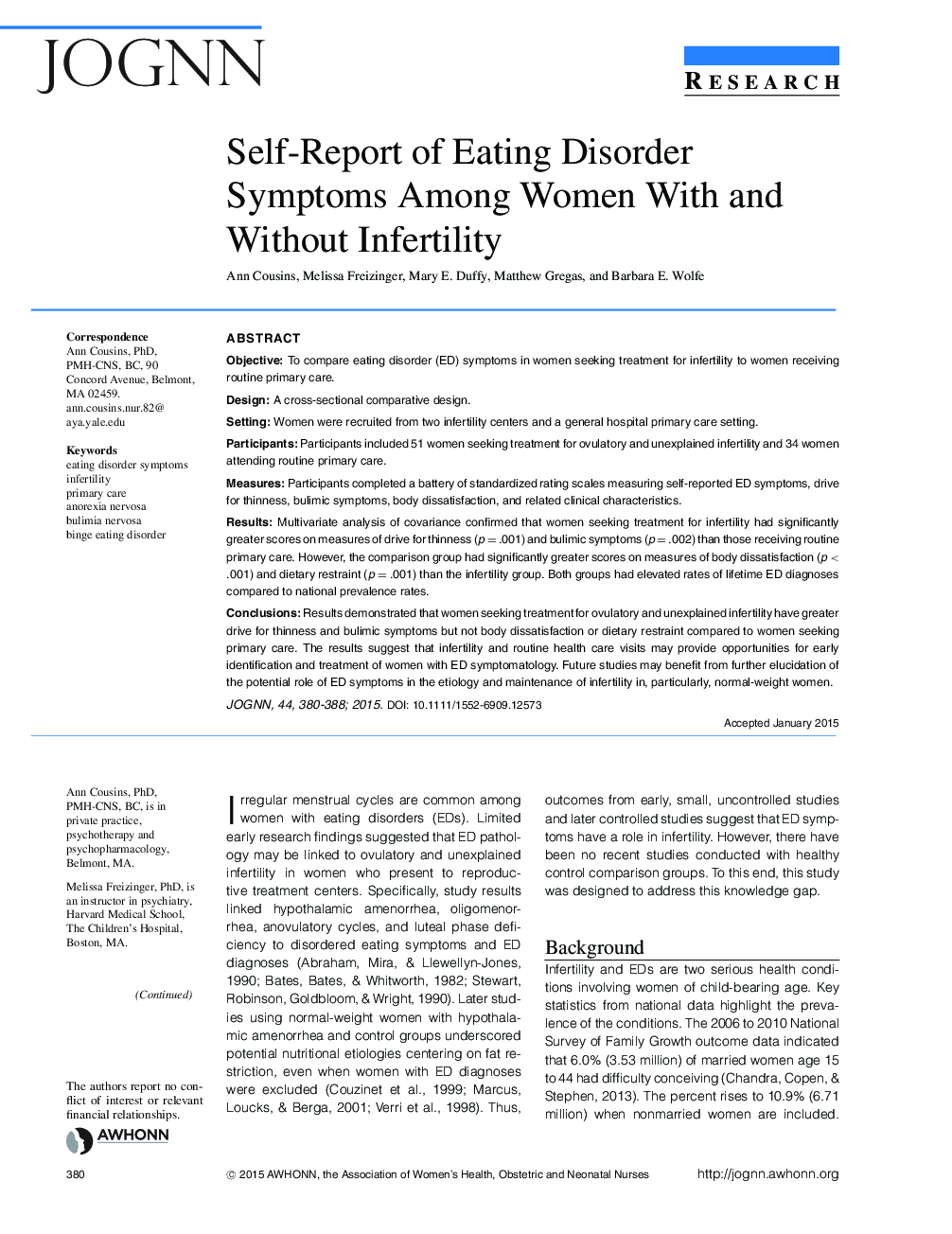 SelfâReport of Eating Disorder Symptoms Among Women With and Without Infertility