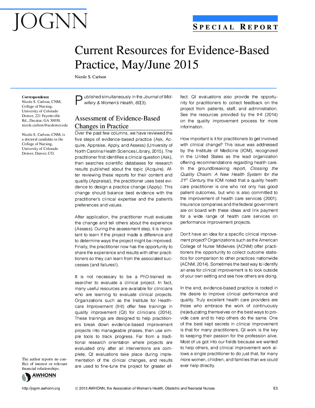Current Resources for EvidenceâBased Practice, May/June 2015