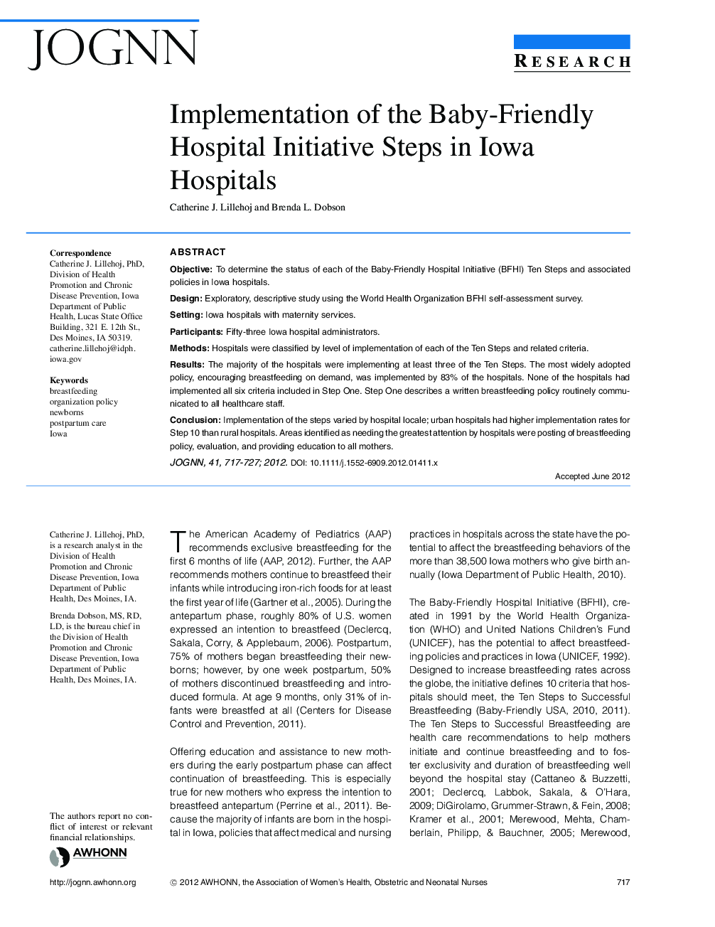 Implementation of the BabyâFriendly Hospital Initiative Steps in Iowa Hospitals