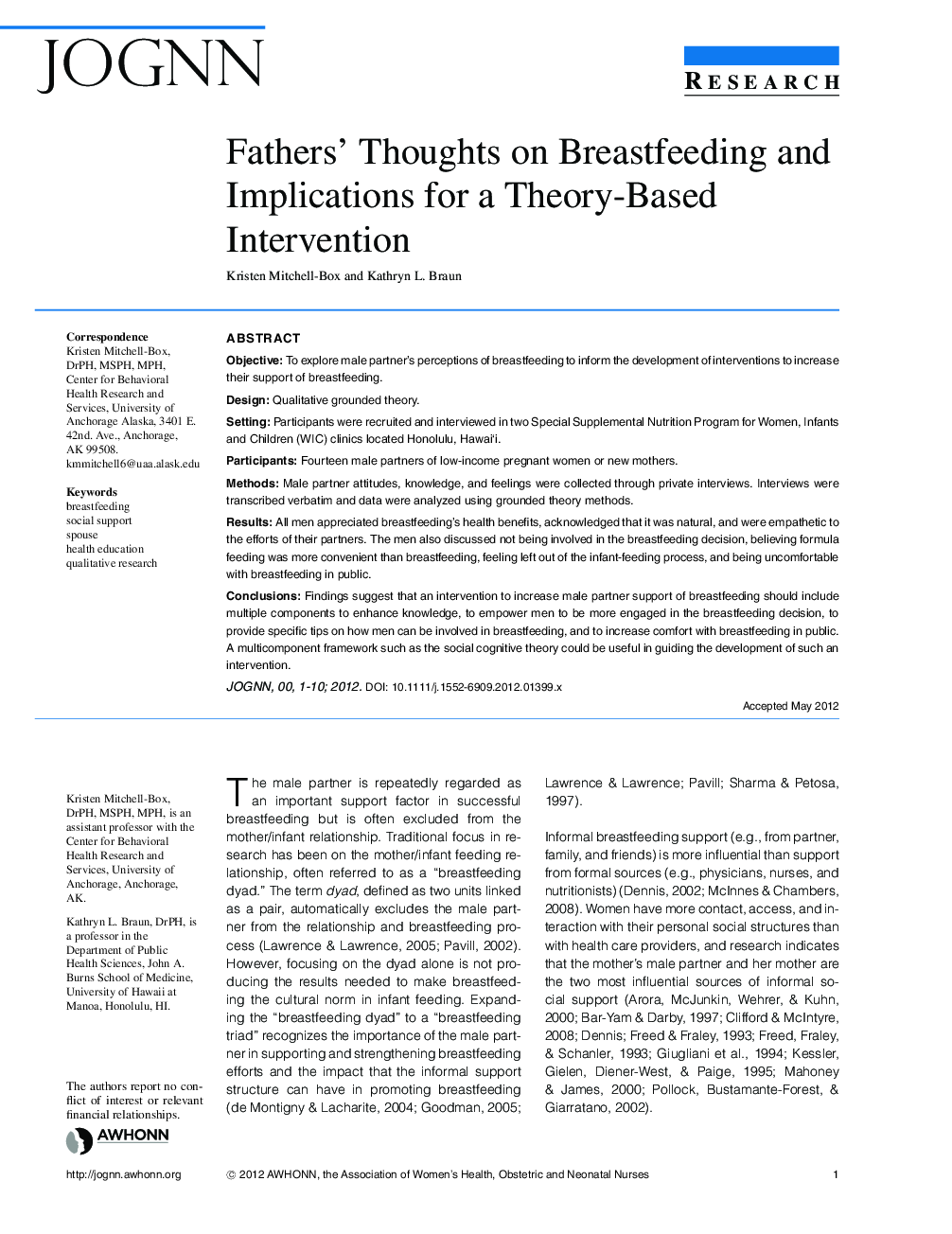 Fathers' Thoughts on Breastfeeding and Implications for a TheoryâBased Intervention