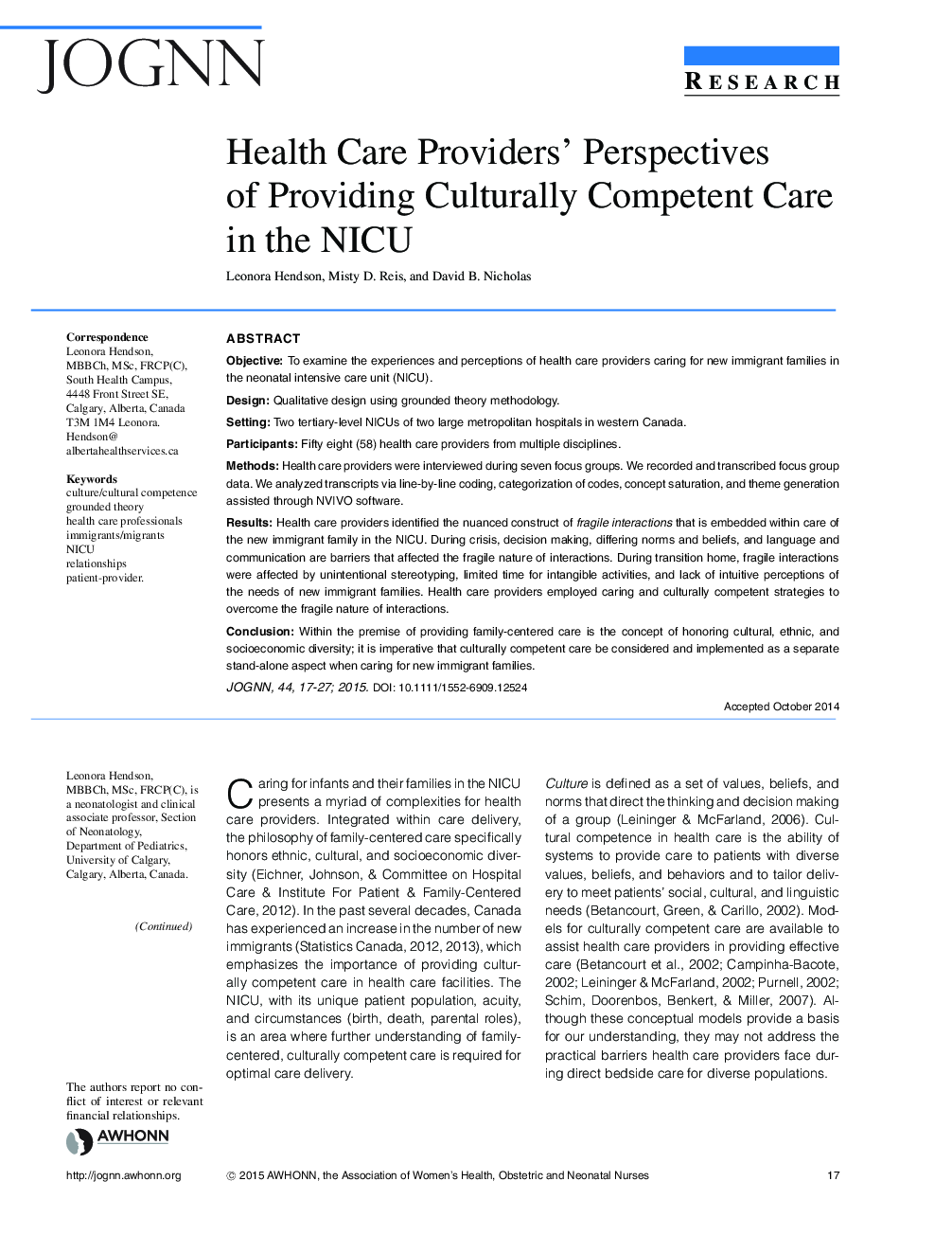 Health Care Providers' Perspectives of Providing Culturally Competent Care in the NICU