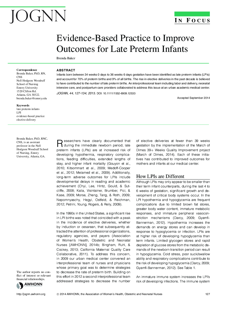EvidenceâBased Practice to Improve Outcomes for Late Preterm Infants