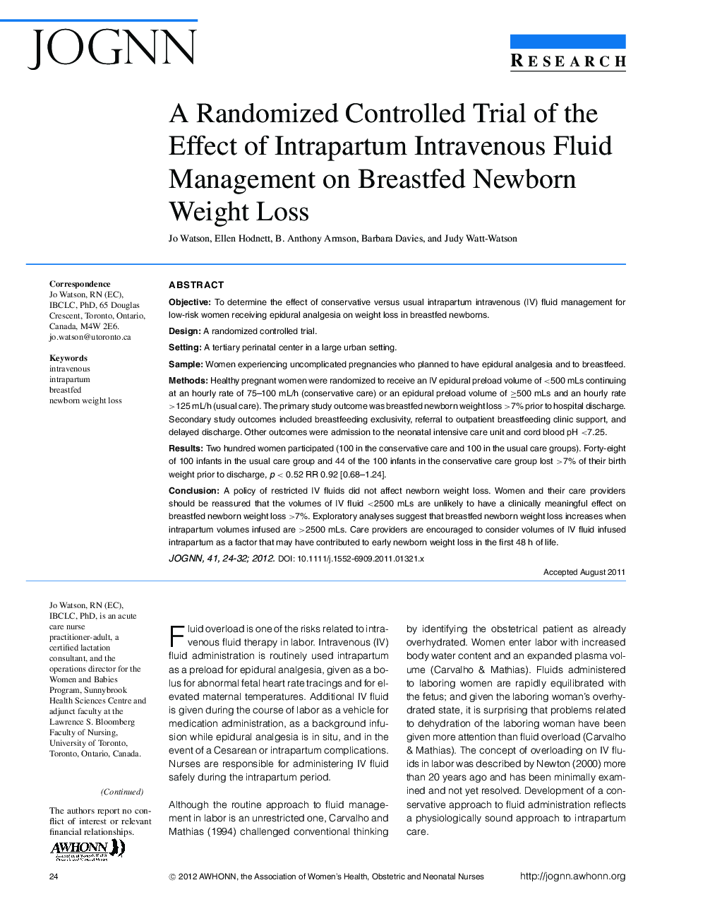 A Randomized Controlled Trial of the Effect of Intrapartum Intravenous Fluid Management on Breastfed Newborn Weight Loss