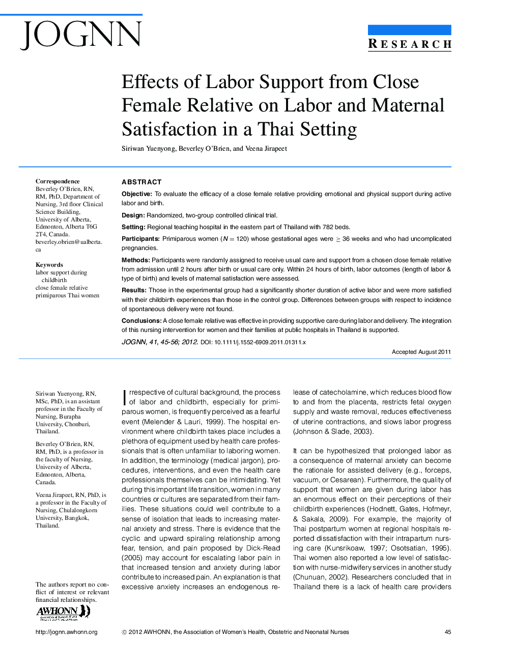 Effects of Labor Support from Close Female Relative on Labor and Maternal Satisfaction in a Thai Setting