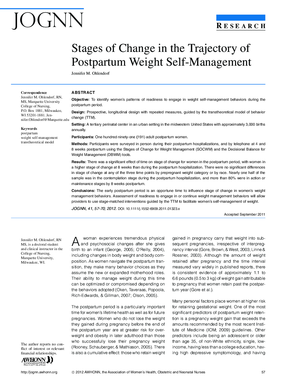 Stages of Change in the Trajectory of Postpartum Weight SelfâManagement