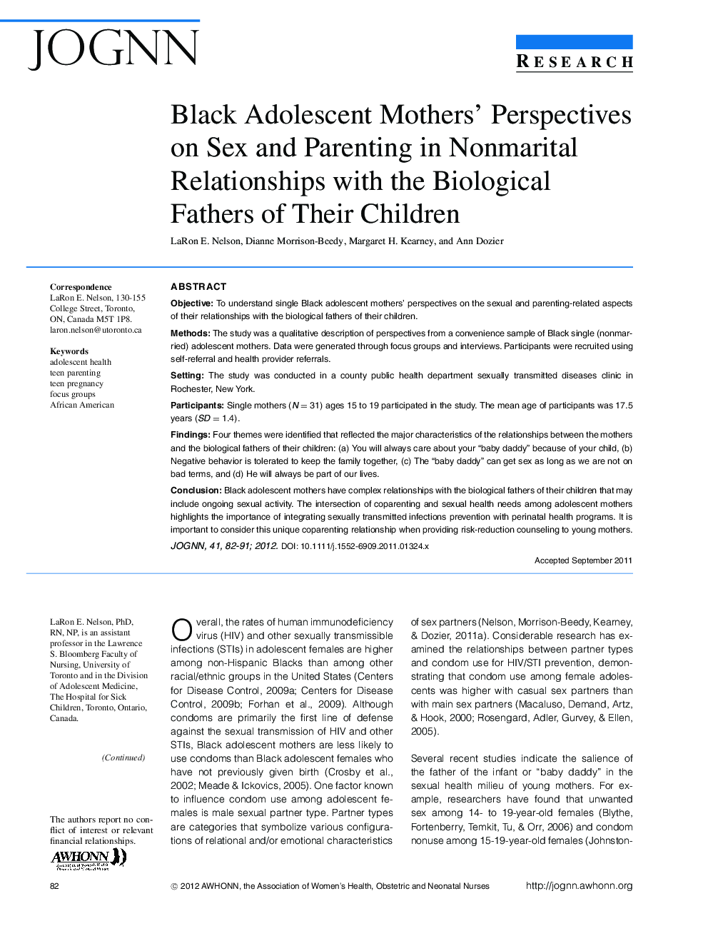 Black Adolescent Mothers' Perspectives on Sex and Parenting in Nonmarital Relationships with the Biological Fathers of Their Children