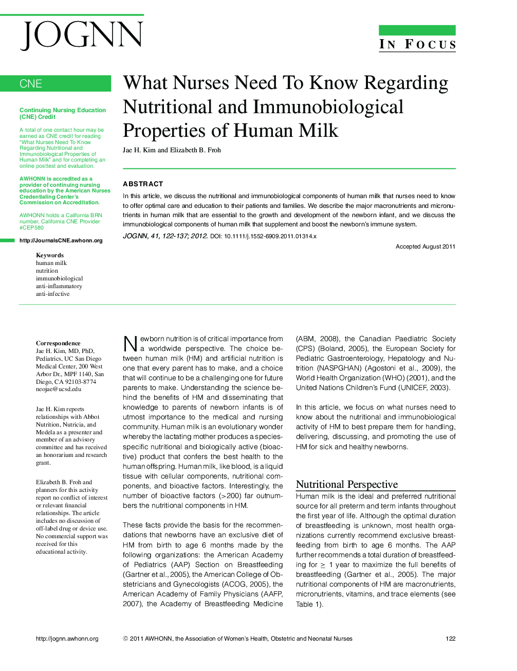 What Nurses Need To Know Regarding Nutritional and Immunobiological Properties of Human Milk