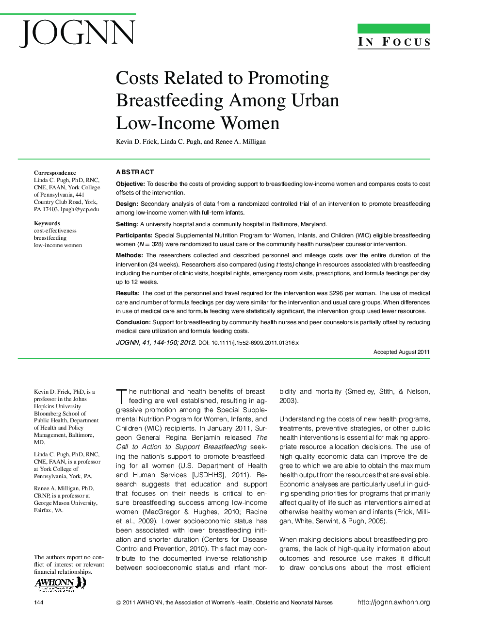 Costs Related to Promoting Breastfeeding Among Urban LowâIncome Women