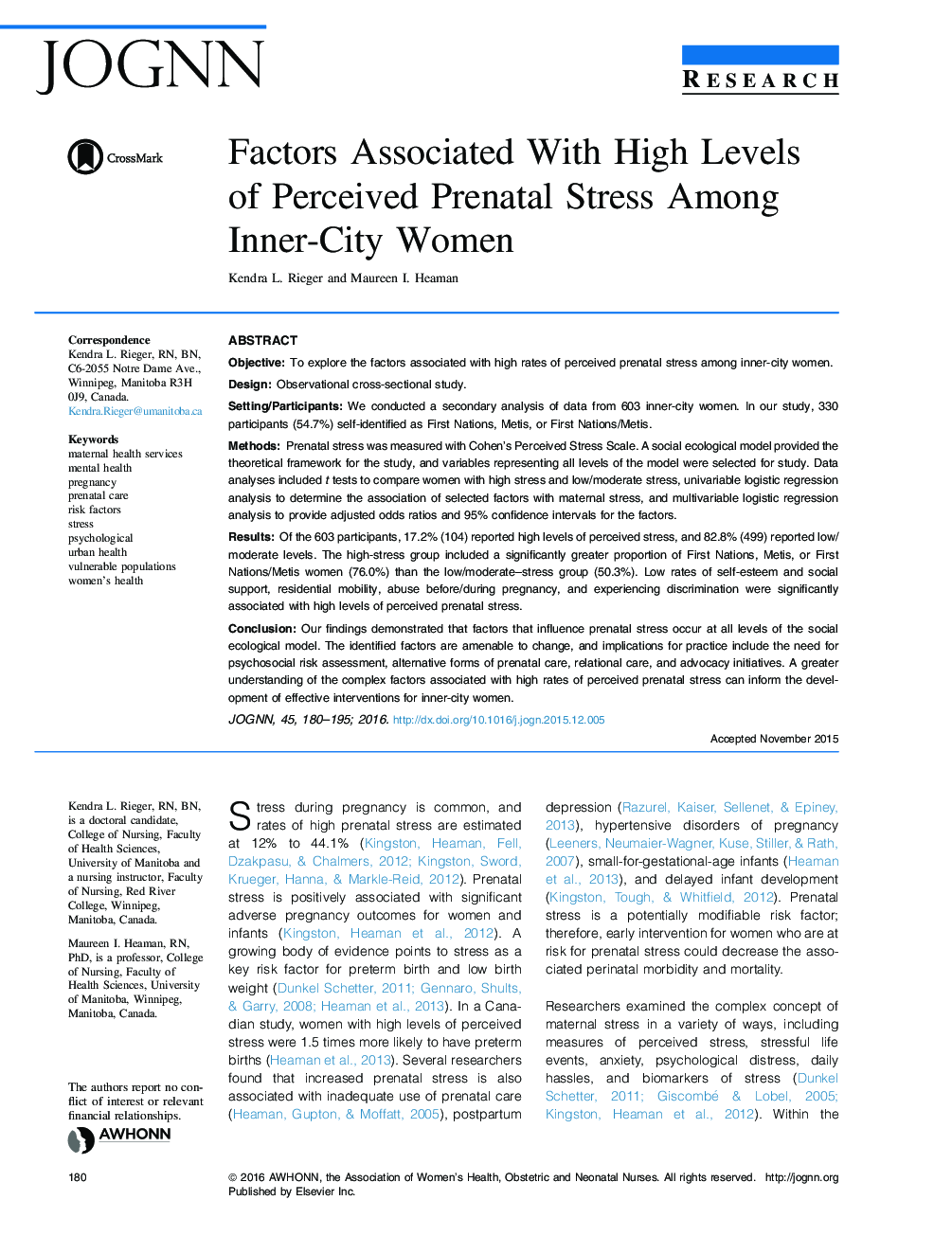 Factors Associated With High Levels ofÂ Perceived Prenatal Stress Among Inner-City Women