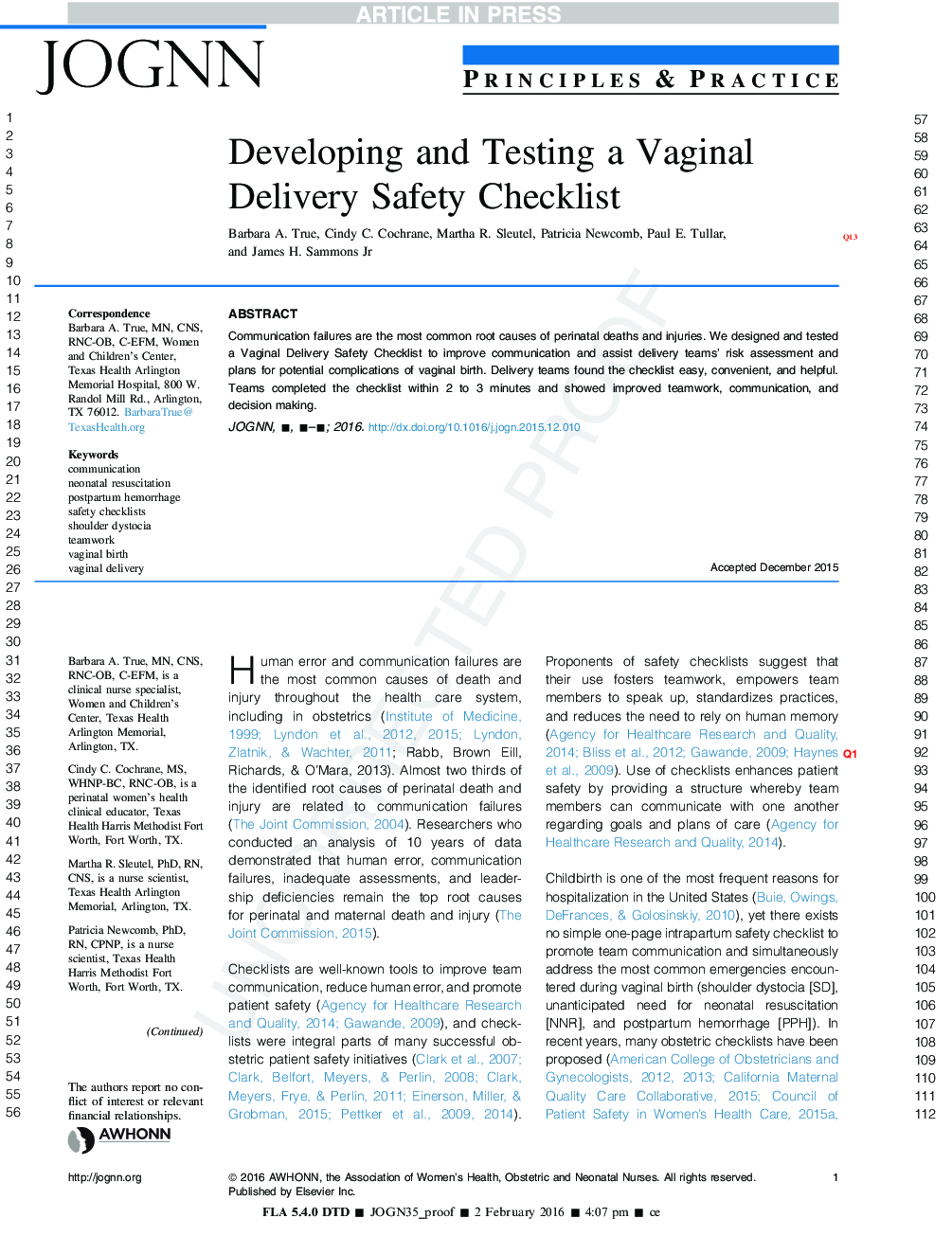 Developing and Testing a Vaginal Delivery Safety Checklist