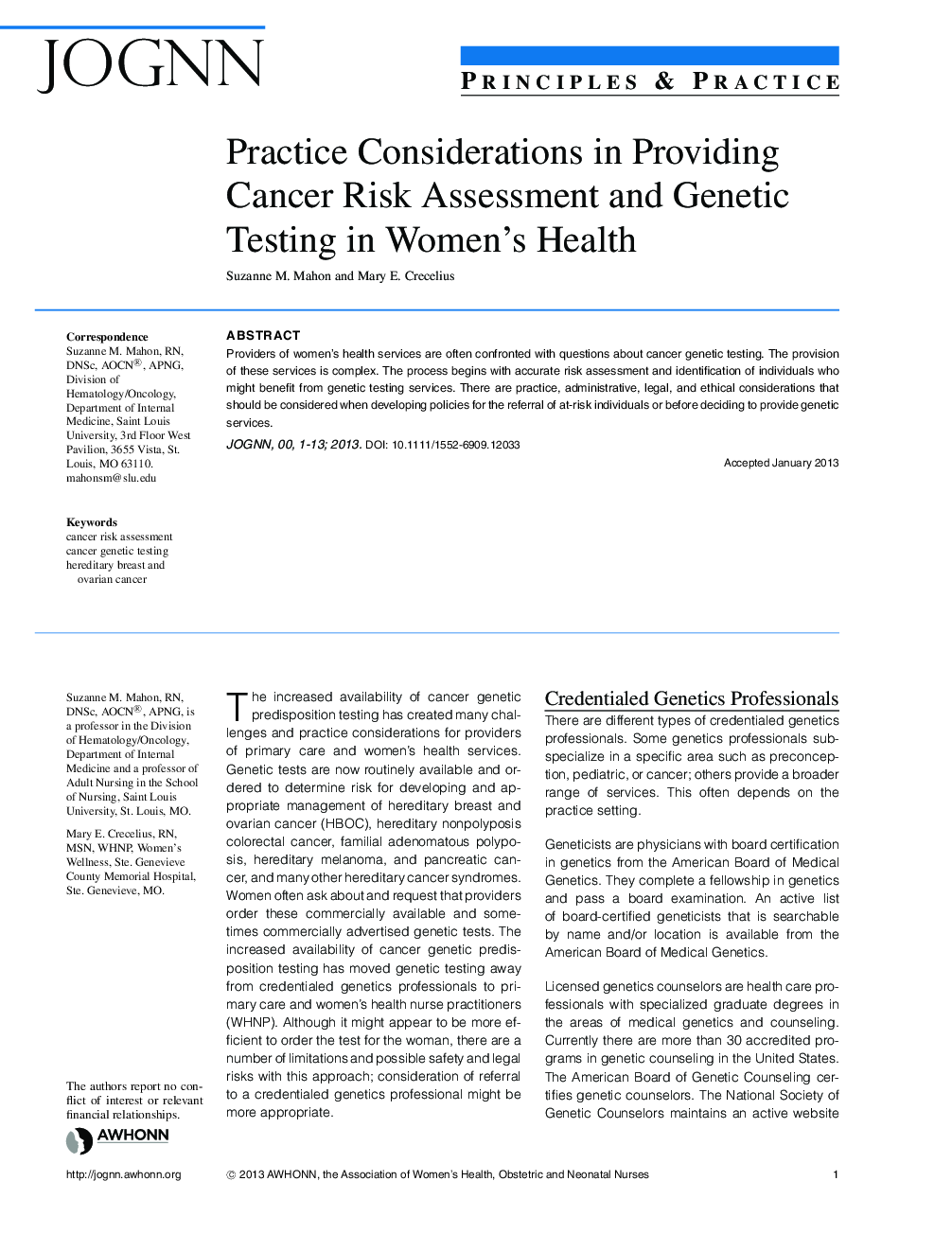 Practice Considerations in Providing Cancer Risk Assessment and Genetic Testing in Women's Health