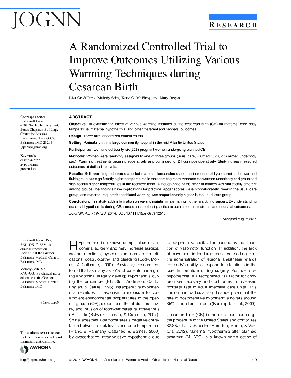 A Randomized Controlled Trial to Improve Outcomes Utilizing Various Warming Techniques during Cesarean Birth