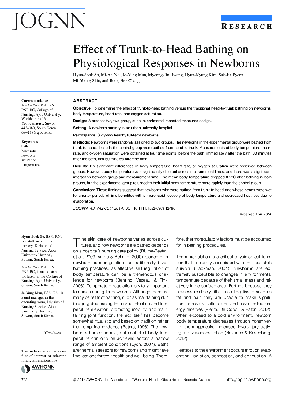 Effect of TrunkâtoâHead Bathing on Physiological Responses in Newborns