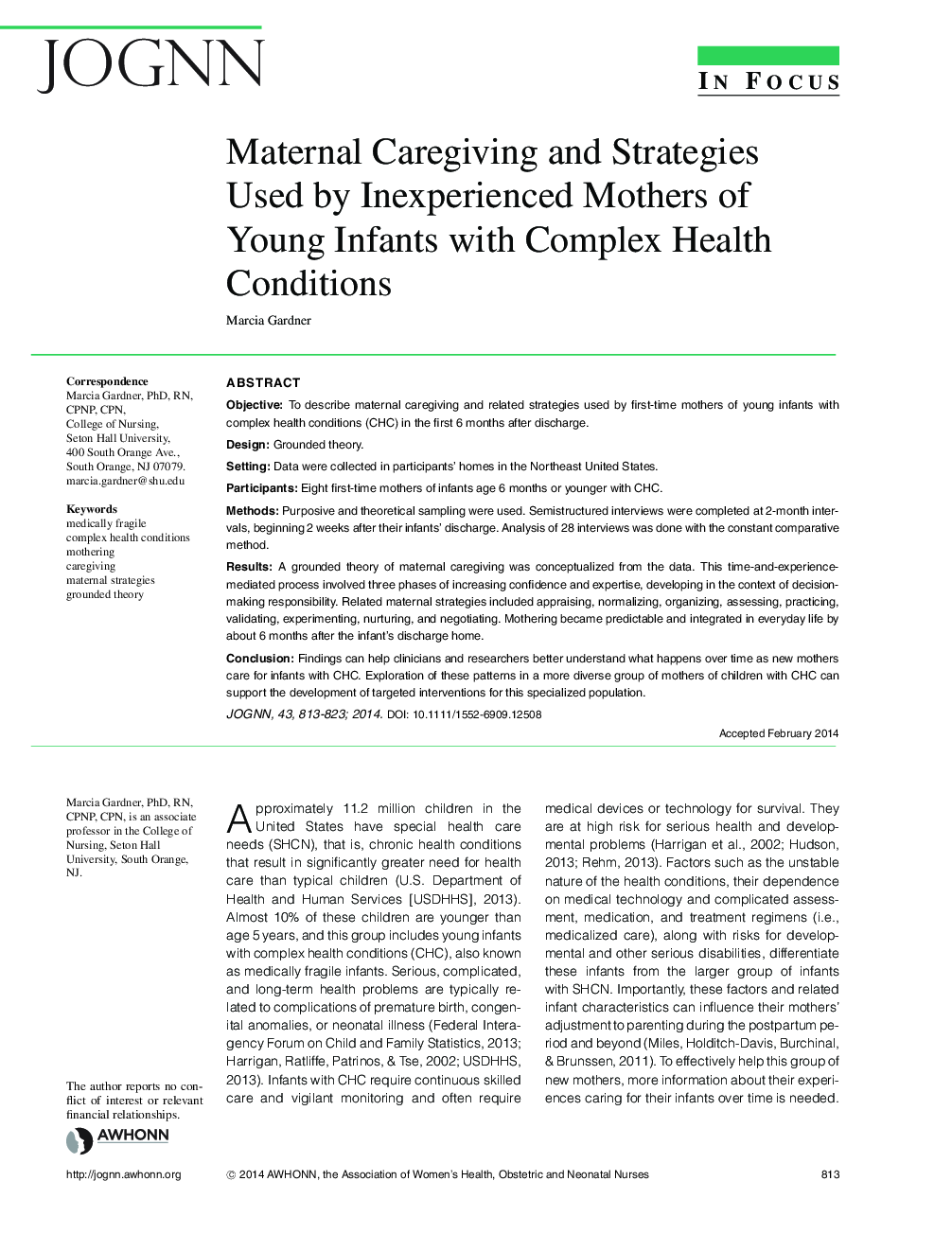 Maternal Caregiving and Strategies Used by Inexperienced Mothers of Young Infants with Complex Health Conditions