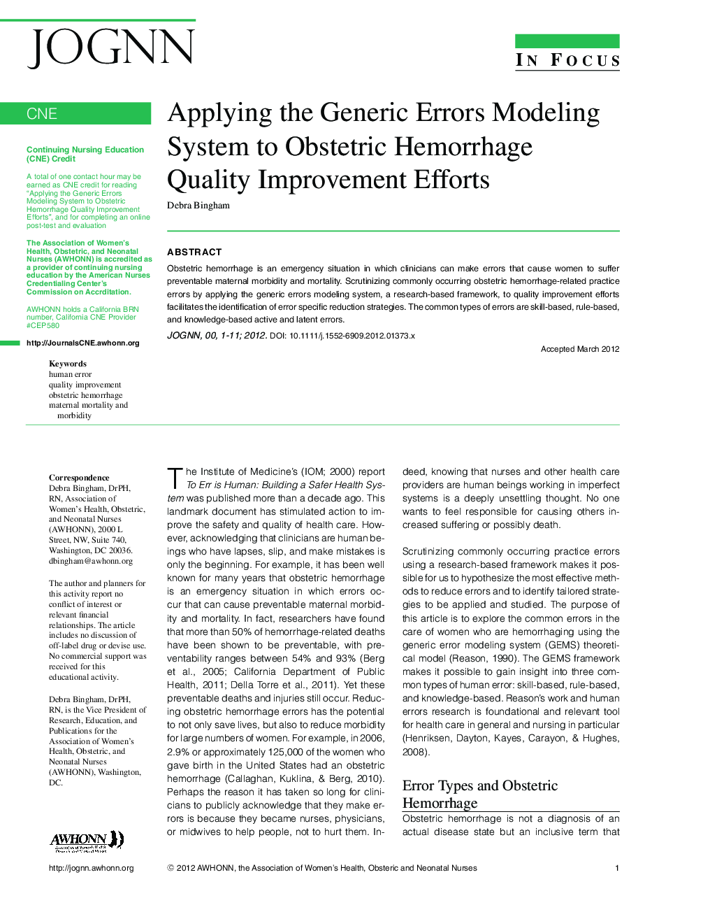 Applying the Generic Errors Modeling System to Obstetric Hemorrhage Quality Improvement Efforts