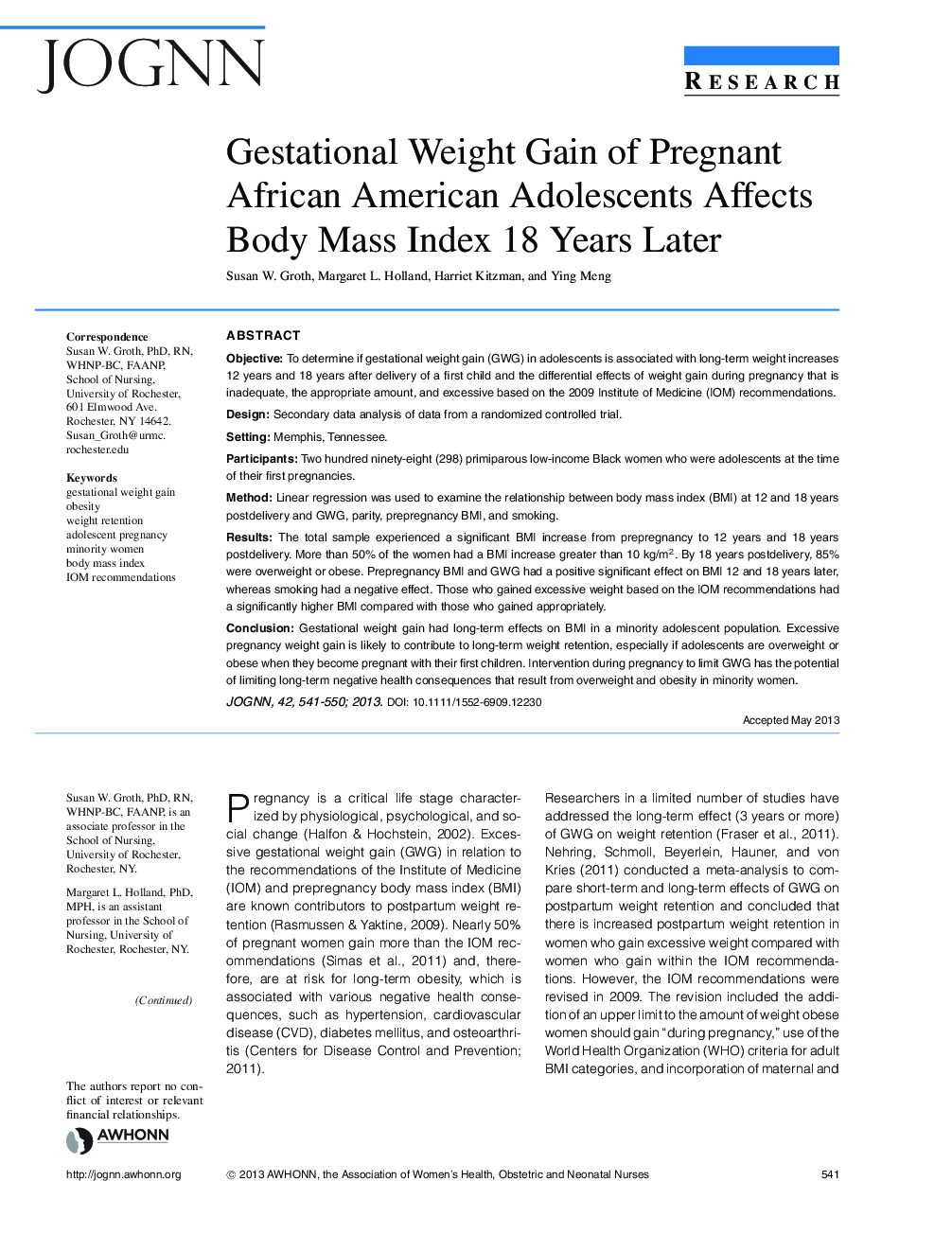 Gestational Weight Gain of Pregnant African American Adolescents Affects Body Mass Index 18Â Years Later