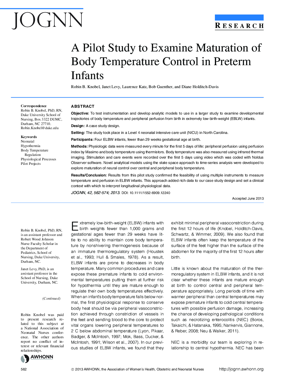 A Pilot Study to Examine Maturation of Body Temperature Control in Preterm Infants