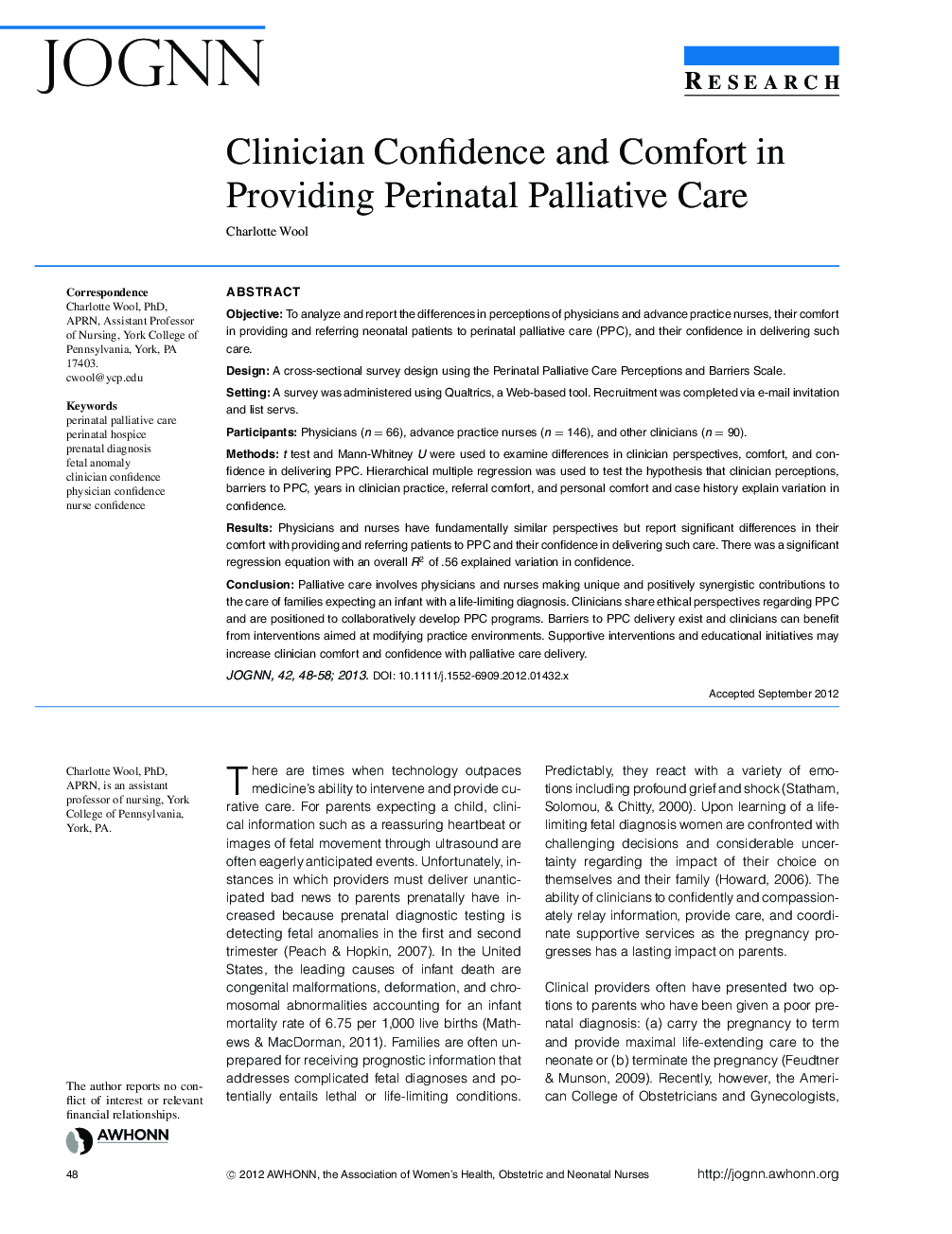 Clinician Confidence and Comfort in Providing Perinatal Palliative Care