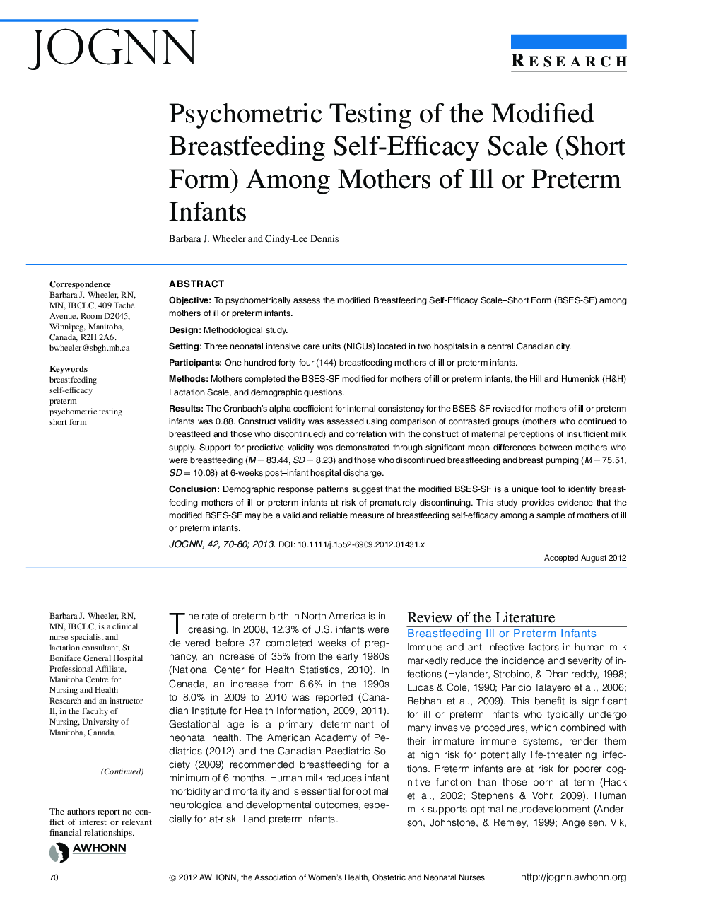 Psychometric Testing of the Modified Breastfeeding SelfâEfficacy Scale (Short Form) Among Mothers of Ill or Preterm Infants