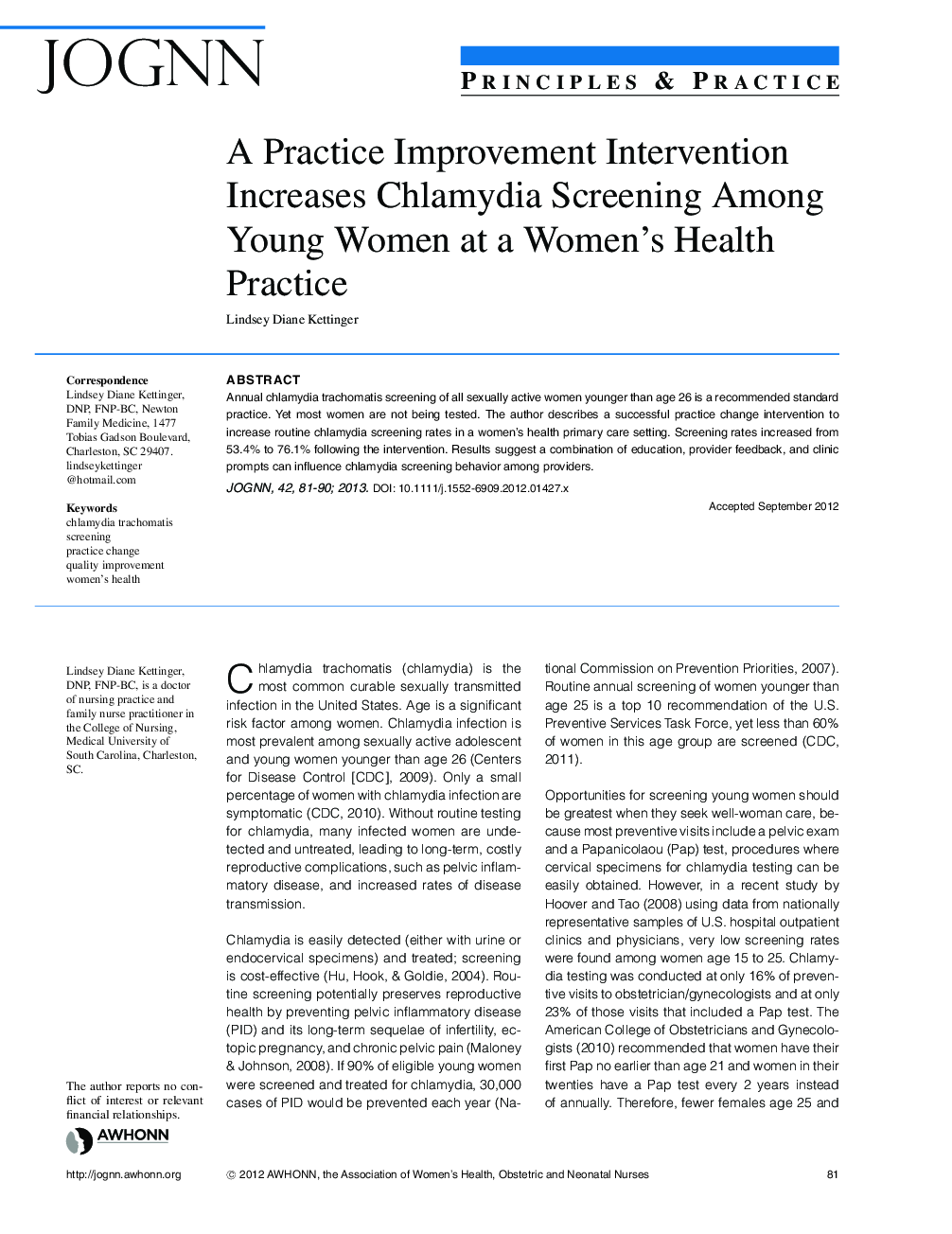 A Practice Improvement Intervention Increases Chlamydia Screening Among Young Women at a Women's Health Practice