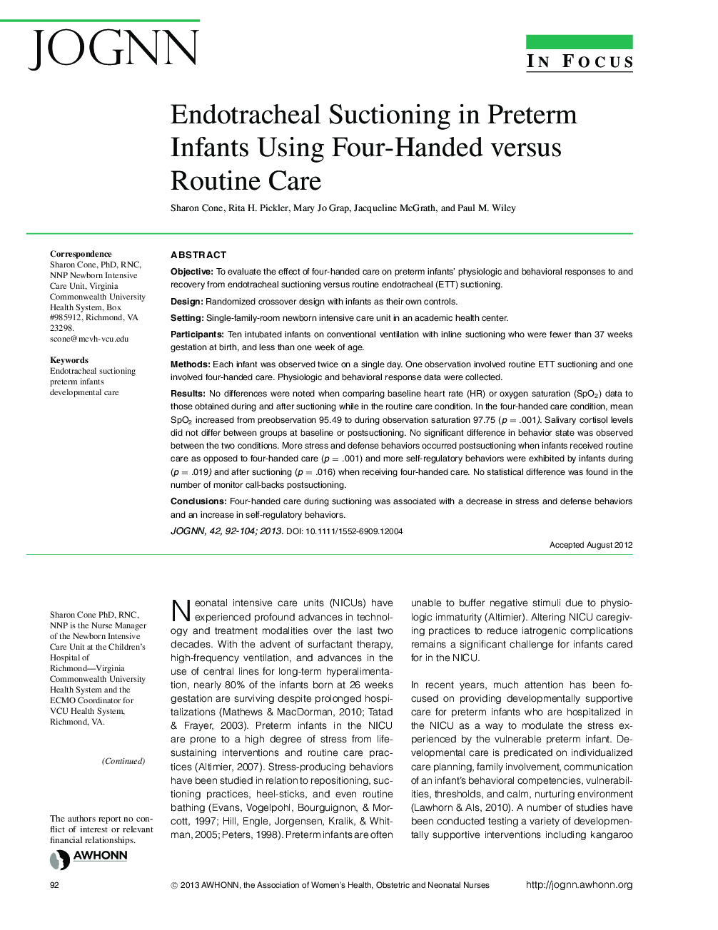 Endotracheal Suctioning in Preterm Infants Using FourâHanded versus Routine Care