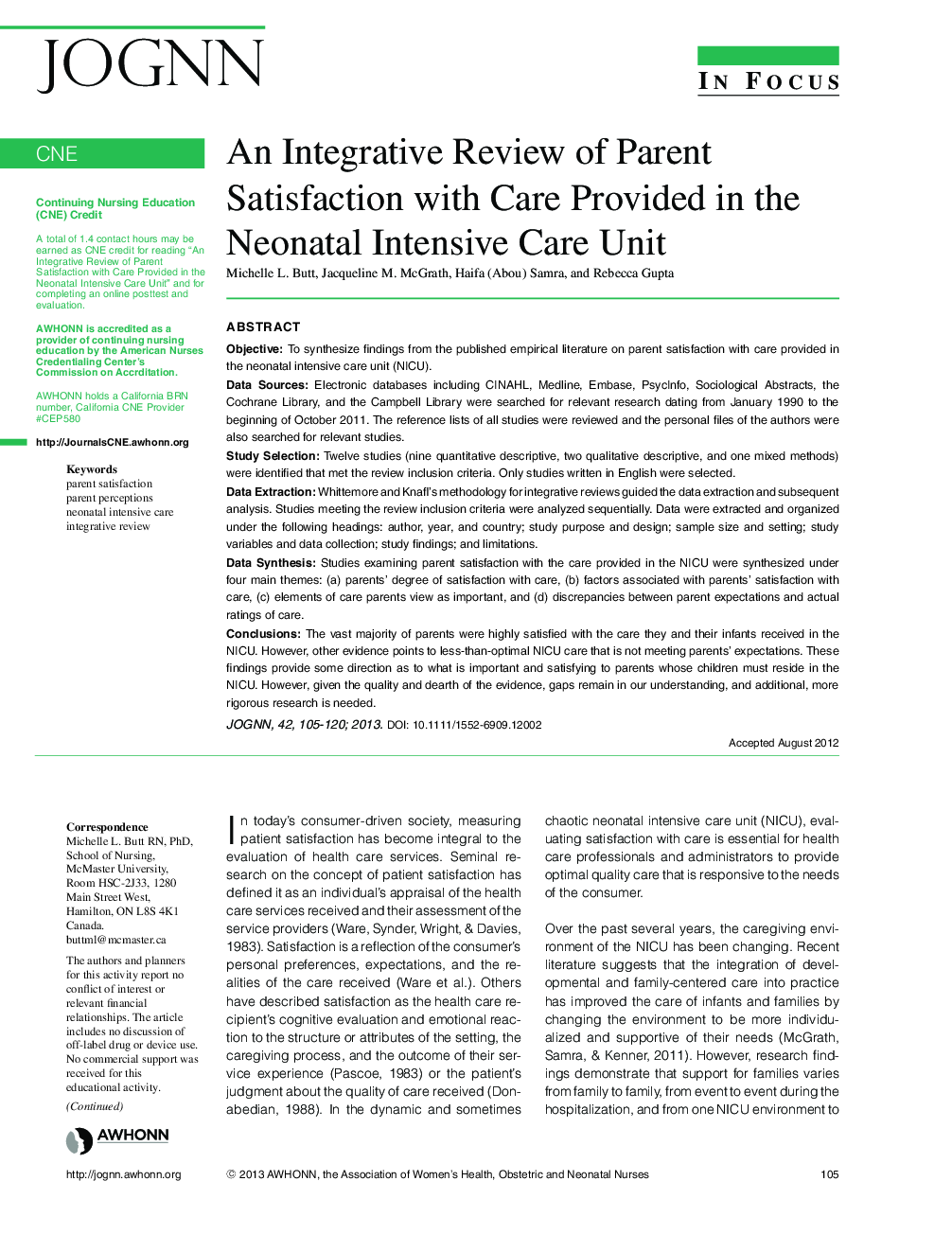 An Integrative Review of Parent Satisfaction with Care Provided in the Neonatal Intensive Care Unit