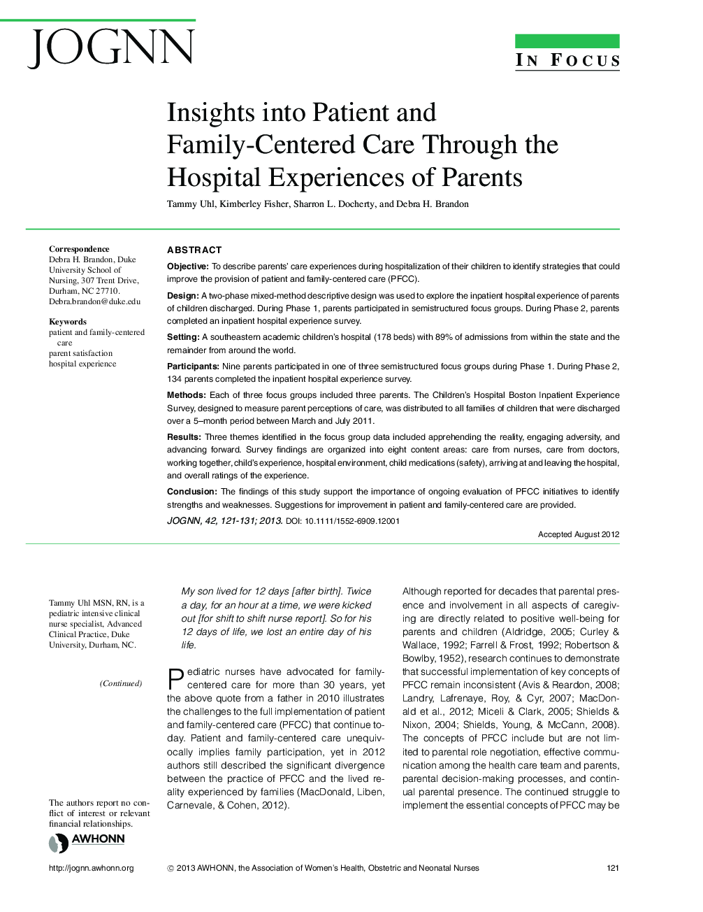Insights into Patient and FamilyâCentered Care Through the Hospital Experiences of Parents