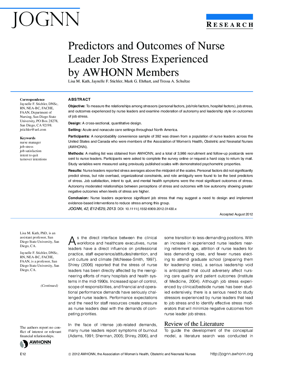 Predictors and Outcomes of Nurse Leader Job Stress Experienced by AWHONN Members