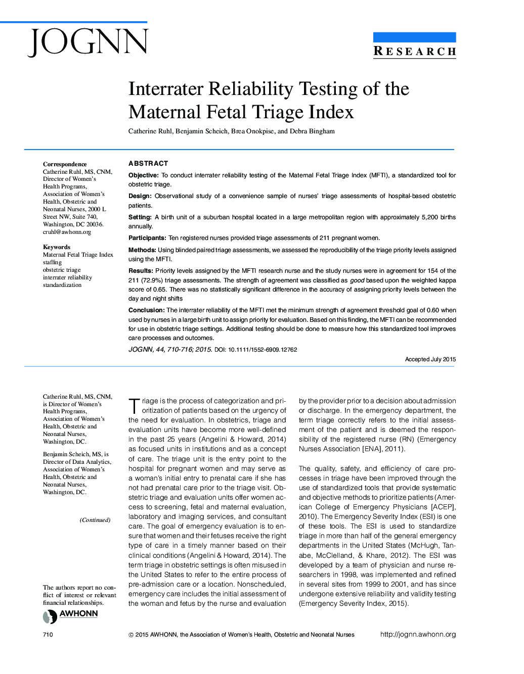 Interrater Reliability Testing of the Maternal Fetal Triage Index