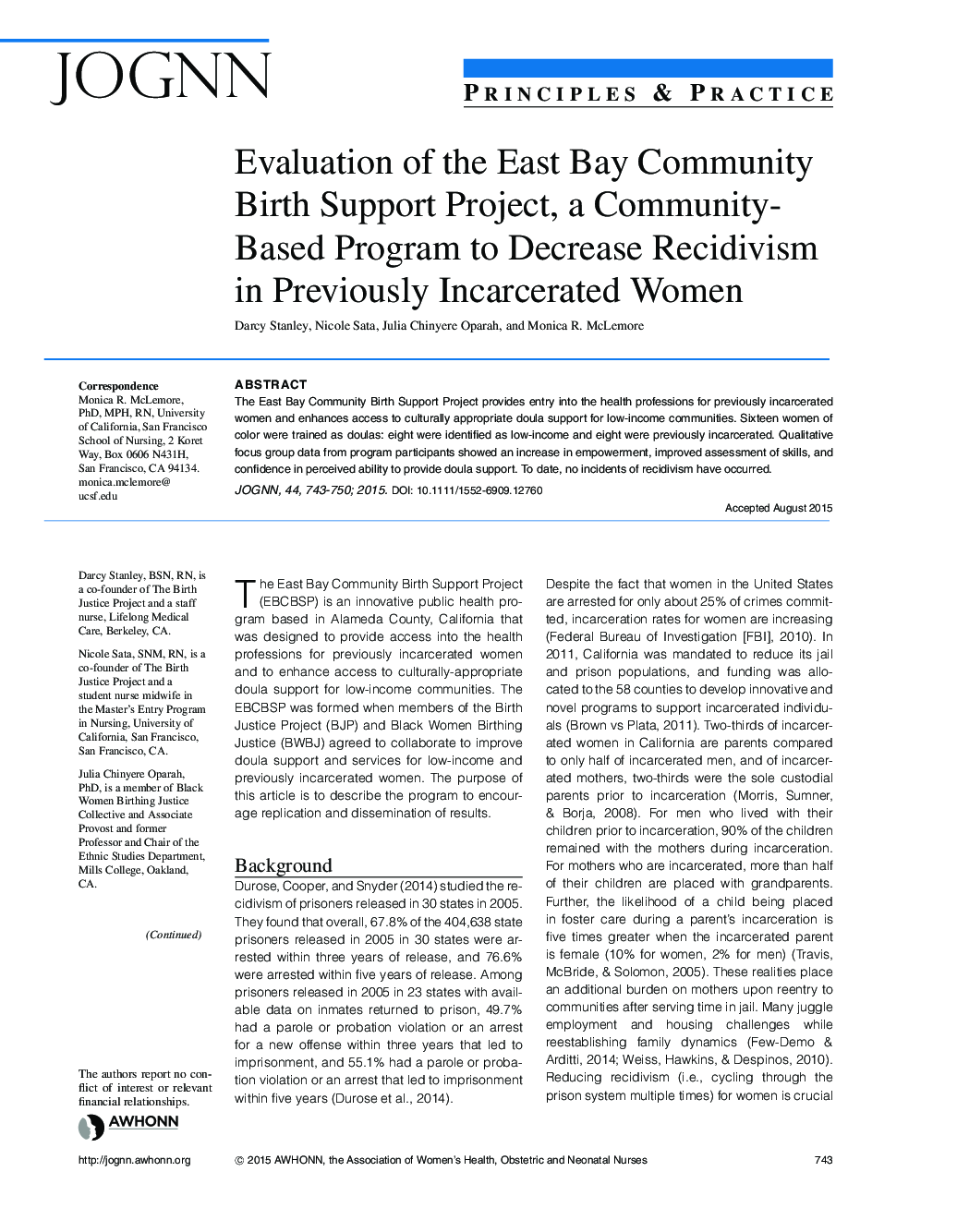 Evaluation of the East Bay Community Birth Support Project, a Community- Based Program to Decrease Recidivism in Previously Incarcerated Women