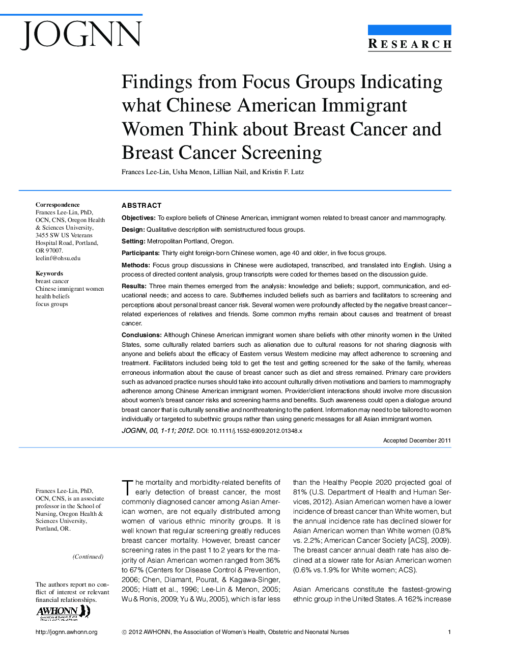 Findings from Focus Groups Indicating what Chinese American Immigrant Women Think about Breast Cancer and Breast Cancer Screening