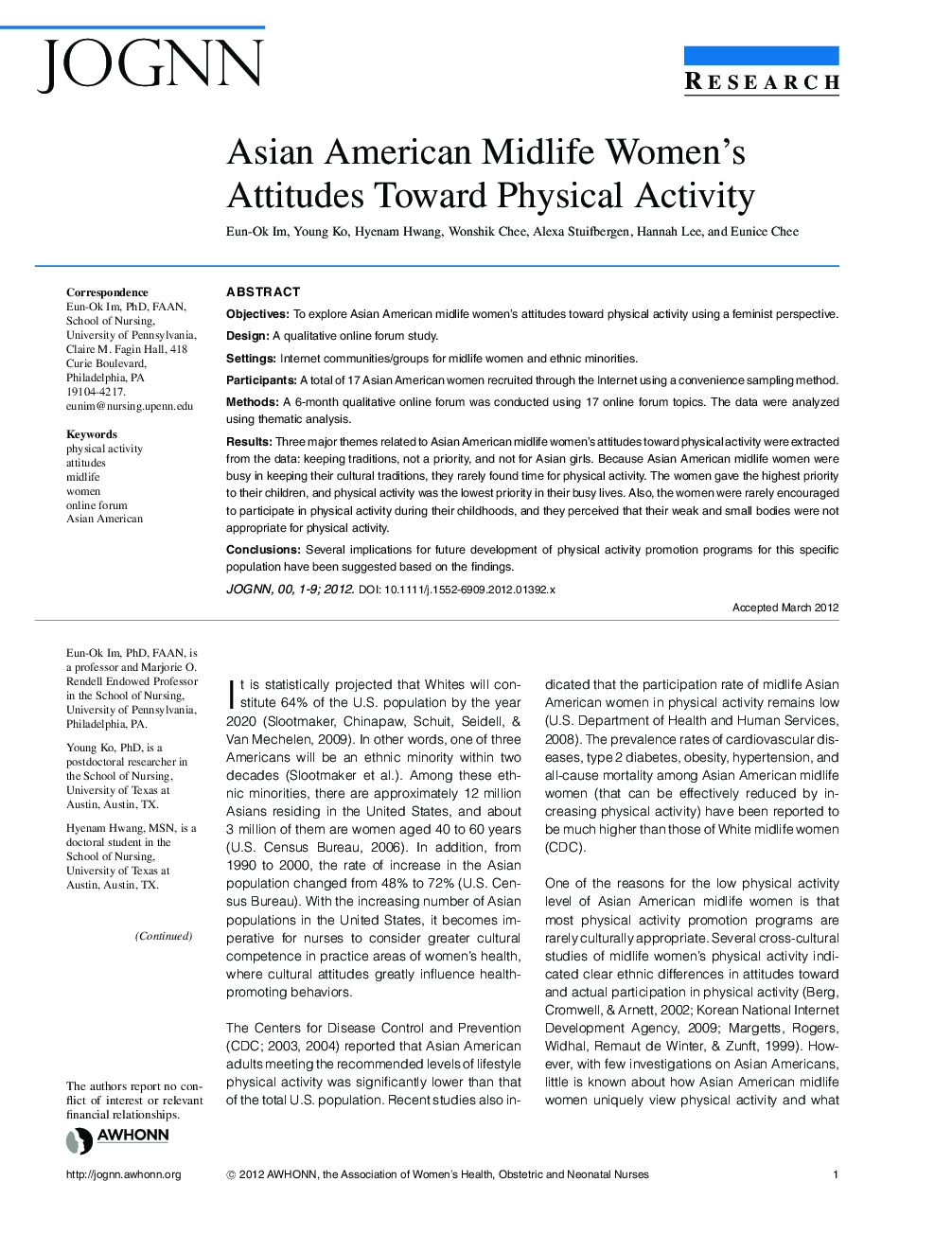 Asian American Midlife Women's Attitudes Toward Physical Activity