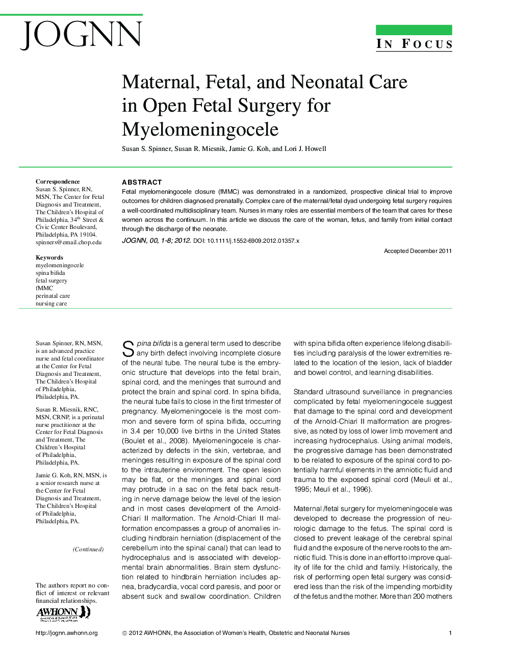 Maternal, Fetal, and Neonatal Care in Open Fetal Surgery for Myelomeningocele