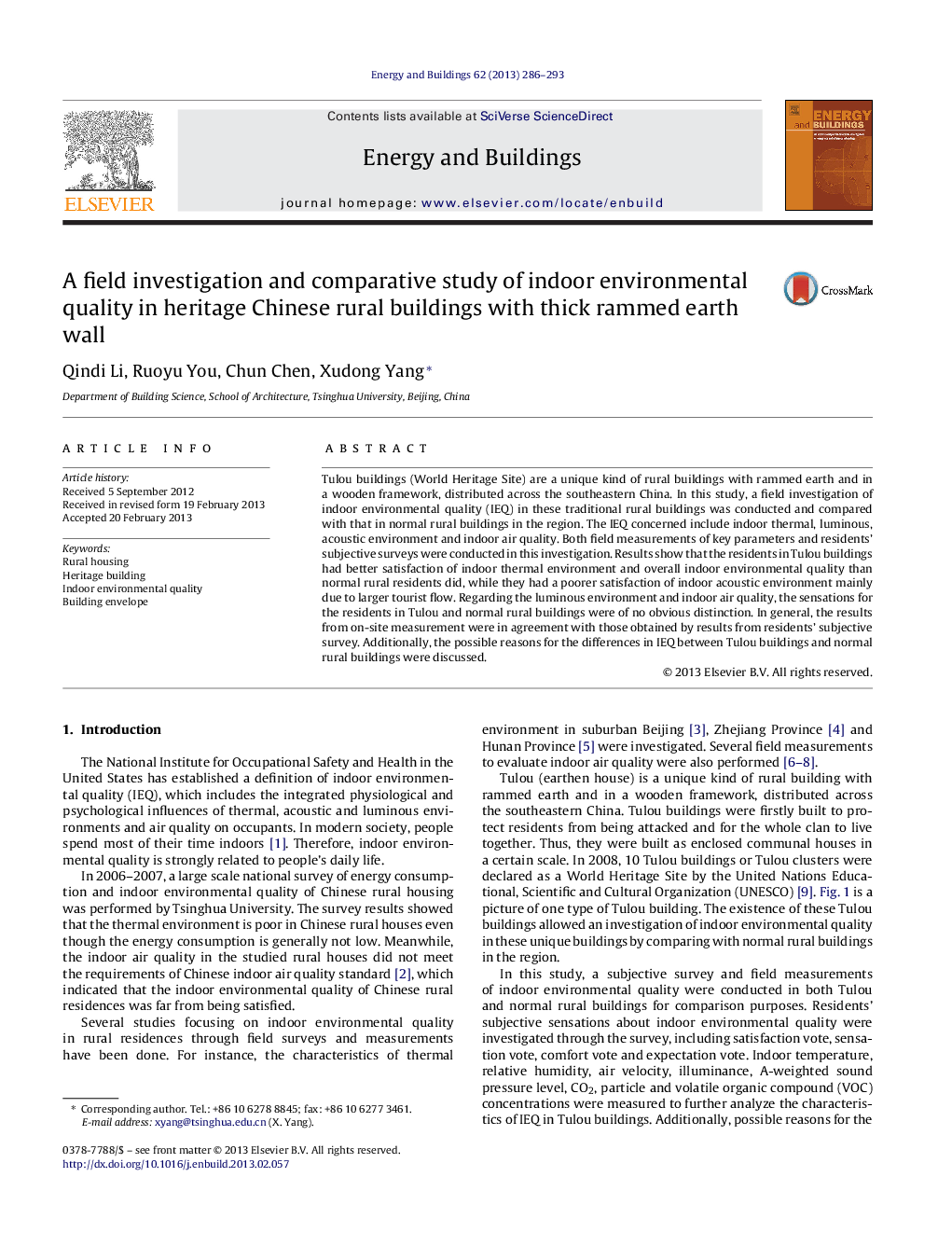 A field investigation and comparative study of indoor environmental quality in heritage Chinese rural buildings with thick rammed earth wall