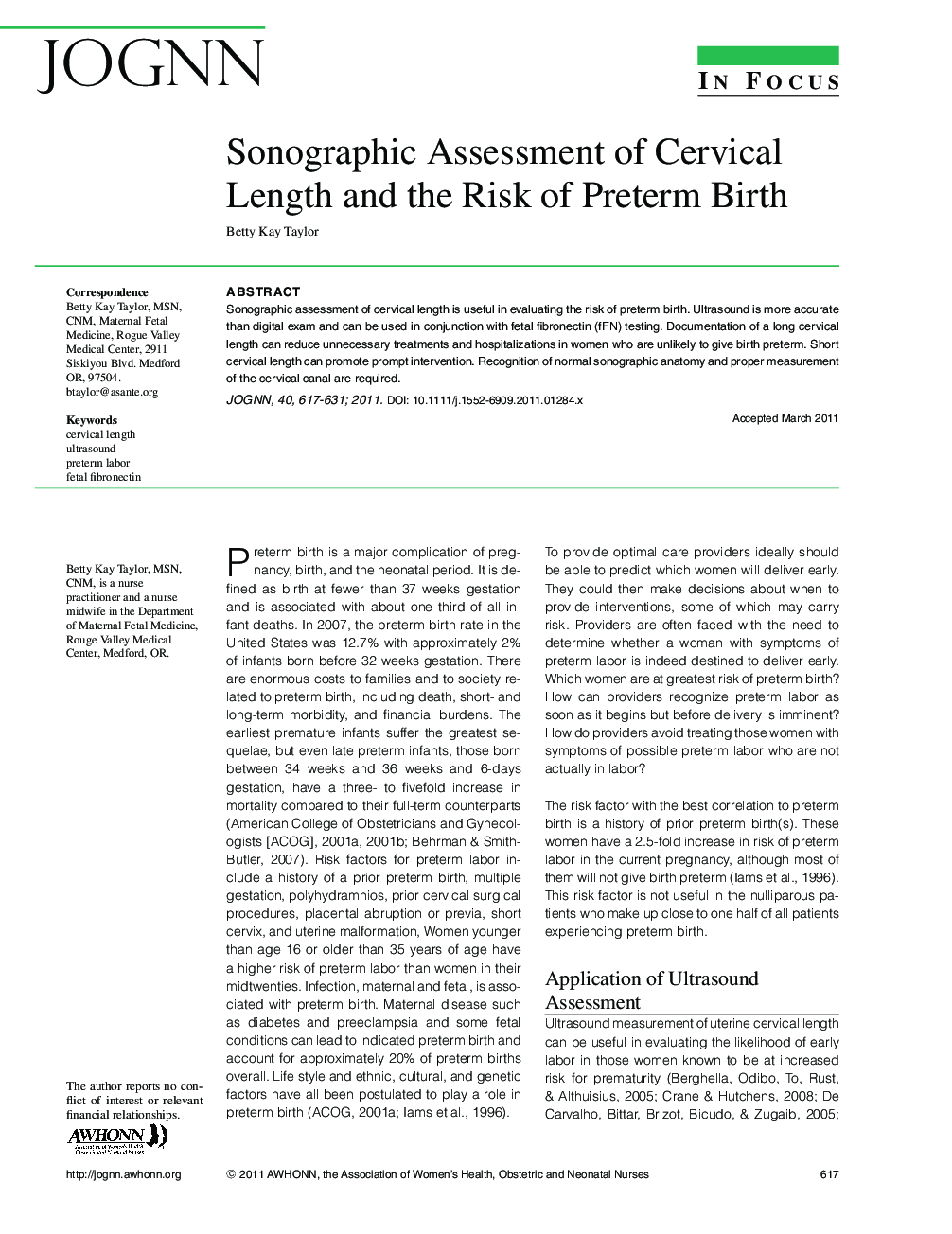 Sonographic Assessment of Cervical Length and the Risk of Preterm Birth