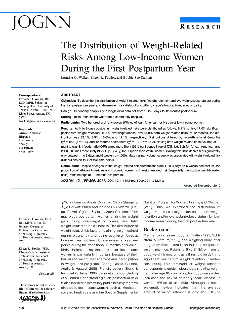 The Distribution of WeightâRelated Risks Among LowâIncome Women During the First Postpartum Year