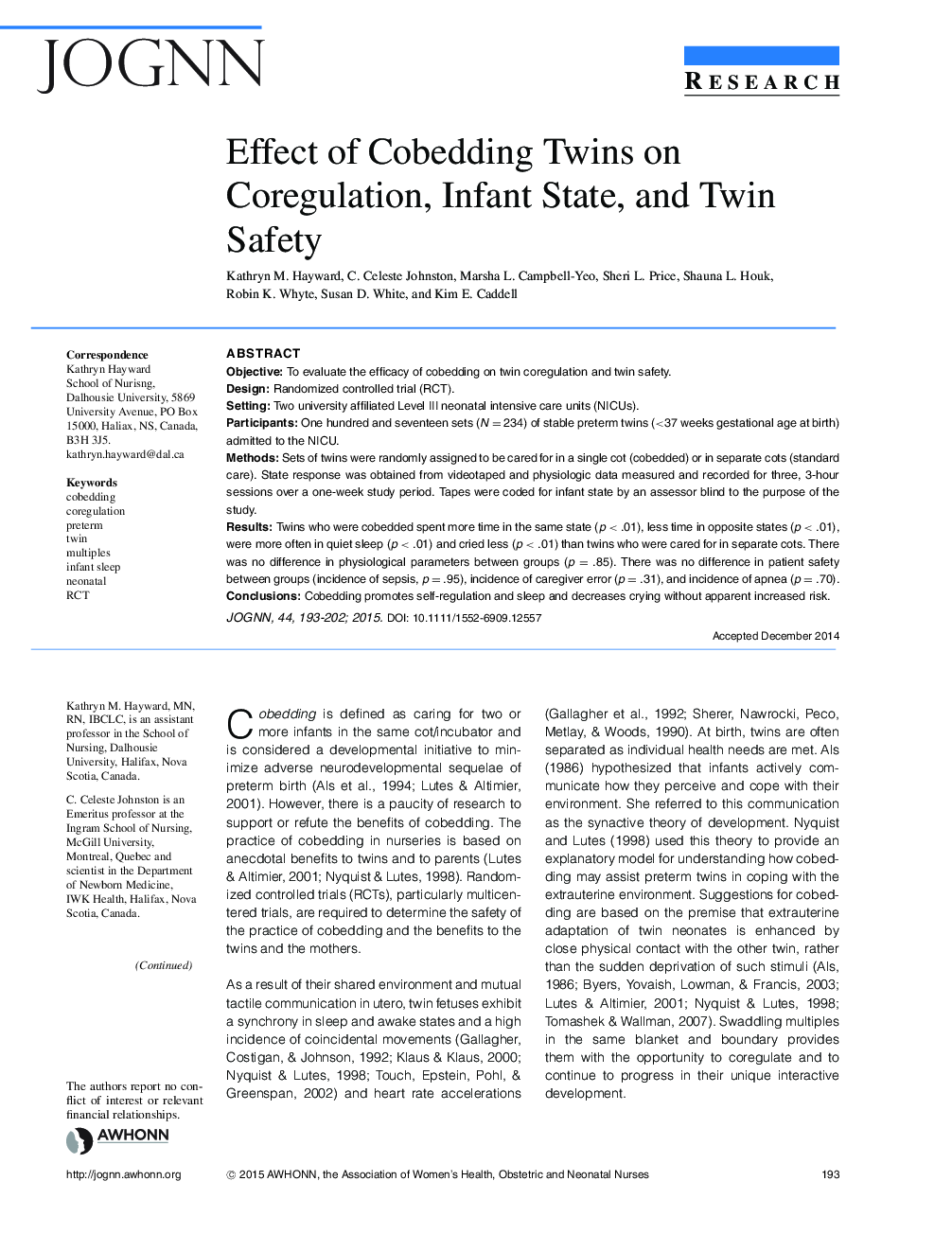 Effect of Cobedding Twins on Coregulation, Infant State, and Twin Safety